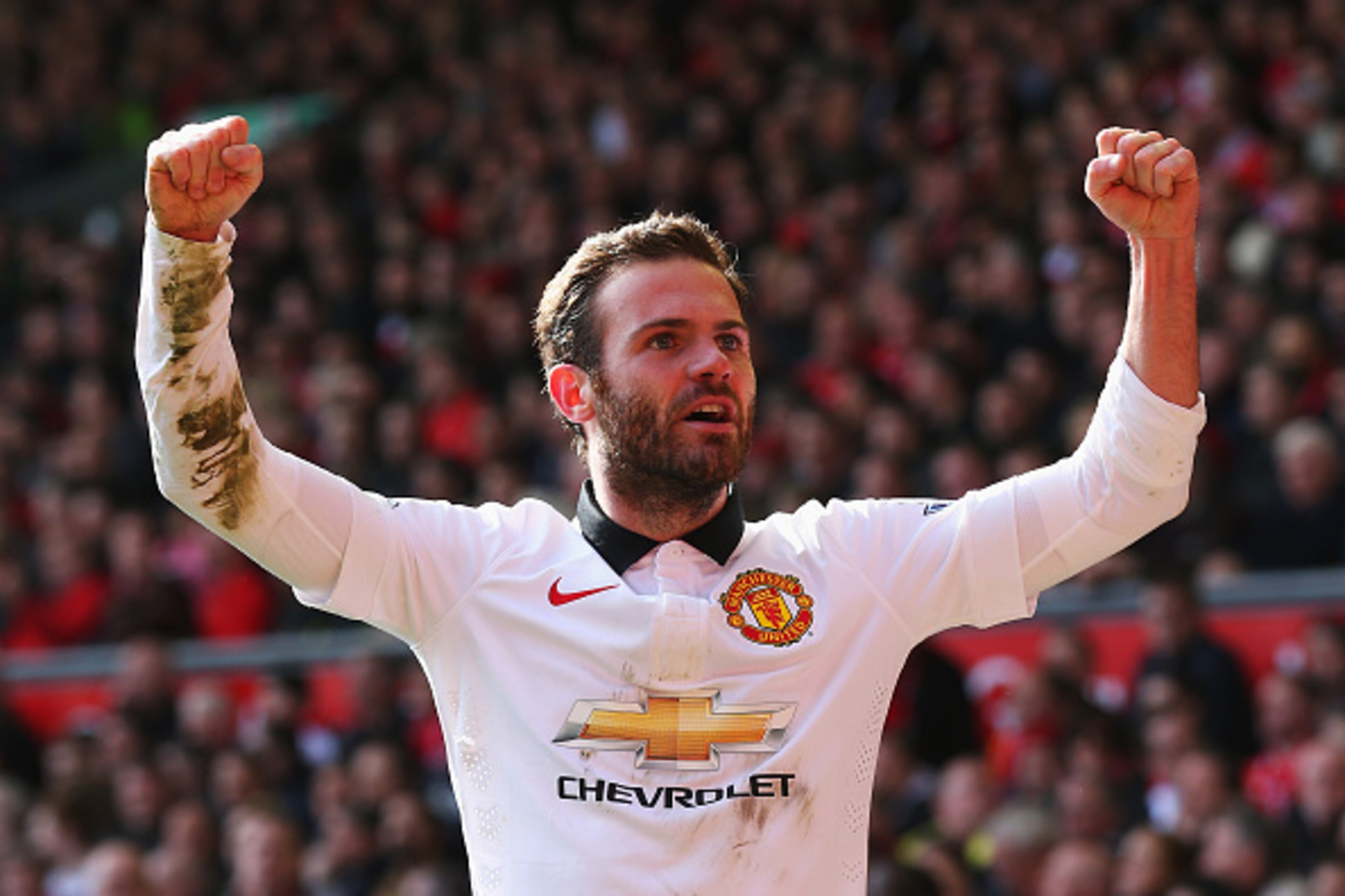 LIVERPOOL, ENGLAND - MARCH 22:  Juan Mata of Manchester United celebrates scoring his second goal during the Barclays Premier League match between Liverpool and Manchester United at Anfield on March 22, 2015 in Liverpool, England.  (Photo by Alex Livesey/