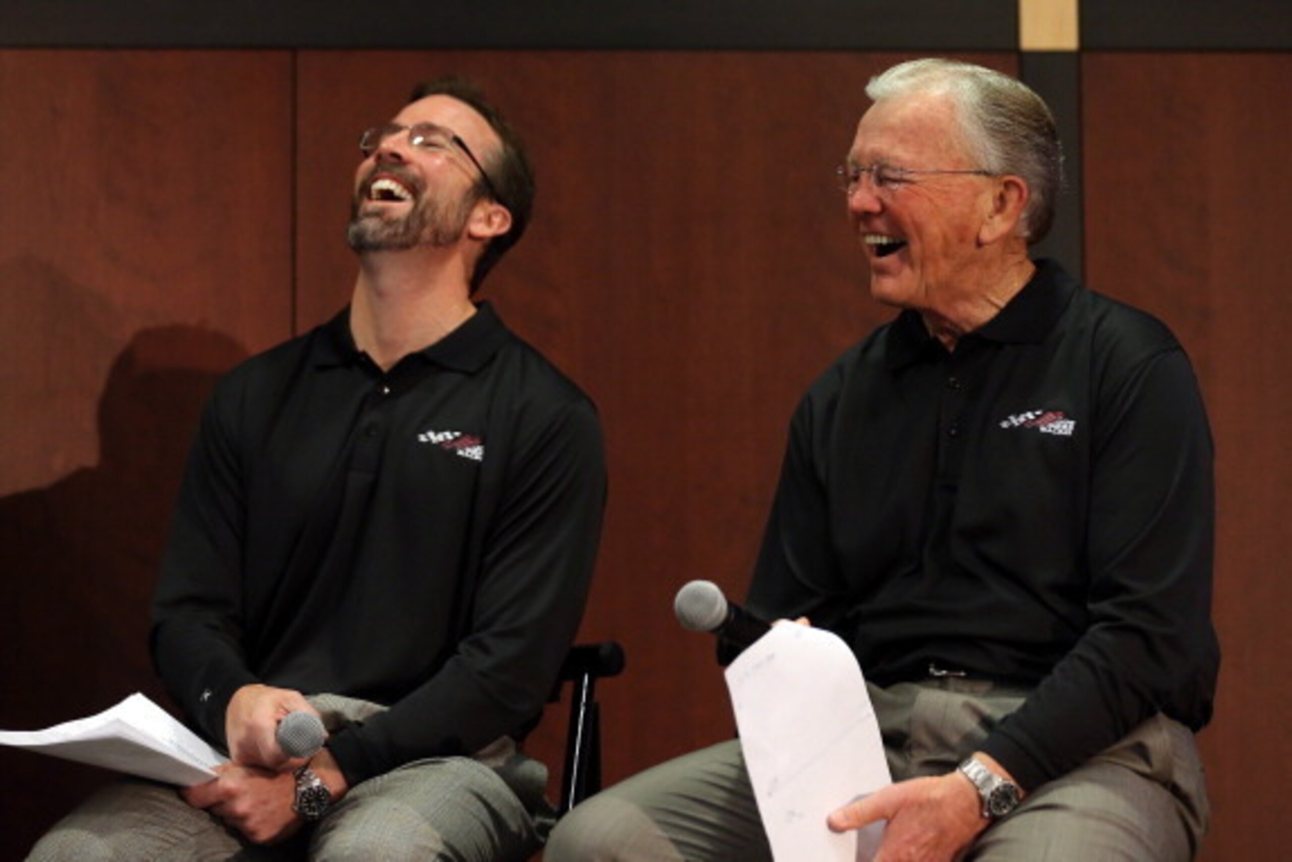 CONCORD, NC - JANUARY 24:  (L-R) J.D. Gibbs, President of JGR, sits beside his father and team owner, Joe Gibbs, as they speak to the media during the 2013 NASCAR Sprint Media Tour on January 24, 2013 in Concord, North Carolina.  (Photo by Streeter Lecka/