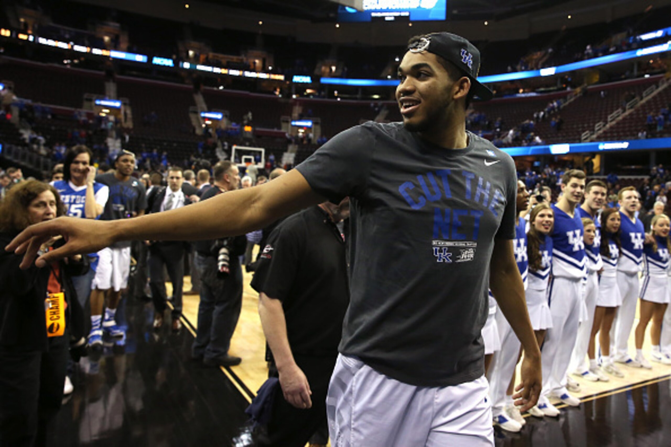CLEVELAND, OH - MARCH 28: Karl-Anthony Towns #12 of the Kentucky Wildcats celebrates after defeating the Notre Dame Fighting Irish during the Midwest Regional Final of the 2015 NCAA Men's Basketball tournament at Quicken Loans Arena on March 28, 2015 in C