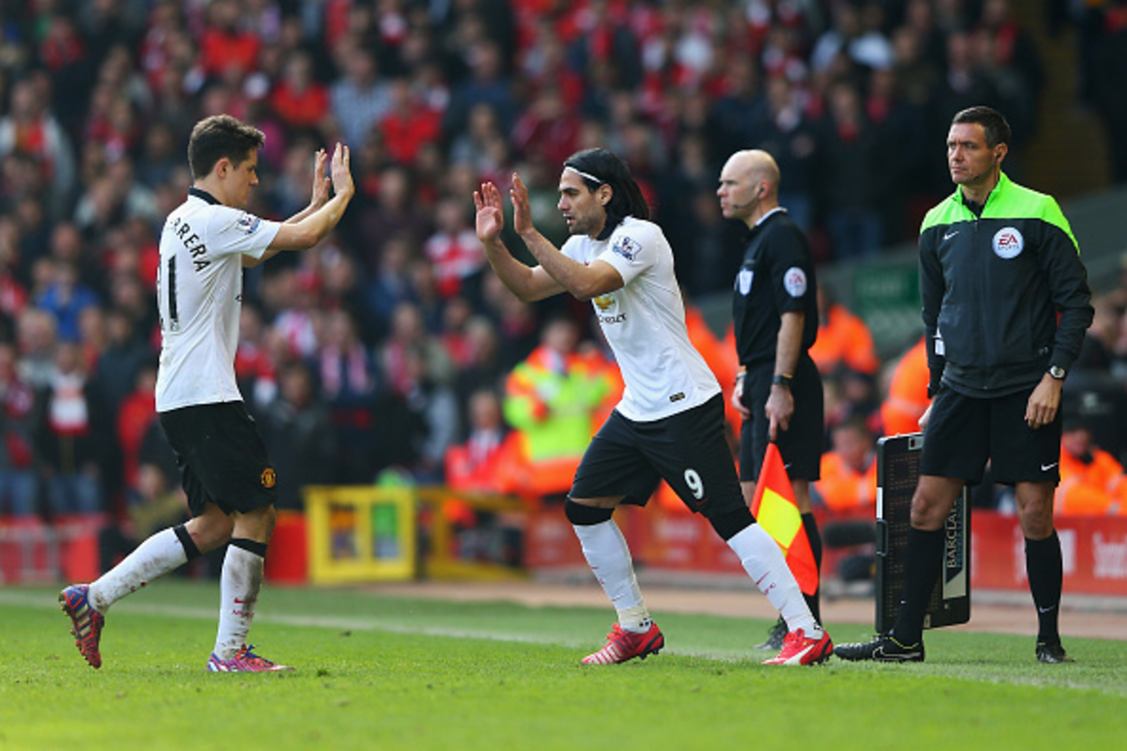 LIVERPOOL, ENGLAND - MARCH 22:  Radamel Falcao of Manchester United comes on as a substitute for Ander Herrera during the Barclays Premier League match between Liverpool and Manchester United at Anfield on March 22, 2015 in Liverpool, England.  (Photo by 