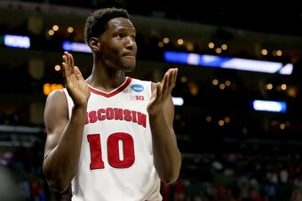 LOS ANGELES, CA - MARCH 26:  Nigel Hayes #10 of the Wisconsin Badgers celebrates against the North Carolina Tar Heels during the West Regional Semifinal of the 2015 NCAA Men's Basketball Tournament at Staples Center on March 26, 2015 in Los Angeles, Calif