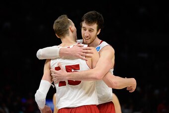 LOS ANGELES, CA - MARCH 28:  Sam Dekker #15 and Frank Kaminsky #44 of the Wisconsin Badgers celebrate late in the second half while taking on the Arizona Wildcats during the West Regional Final of the 2015 NCAA Men's Basketball Tournament at Staples Cente