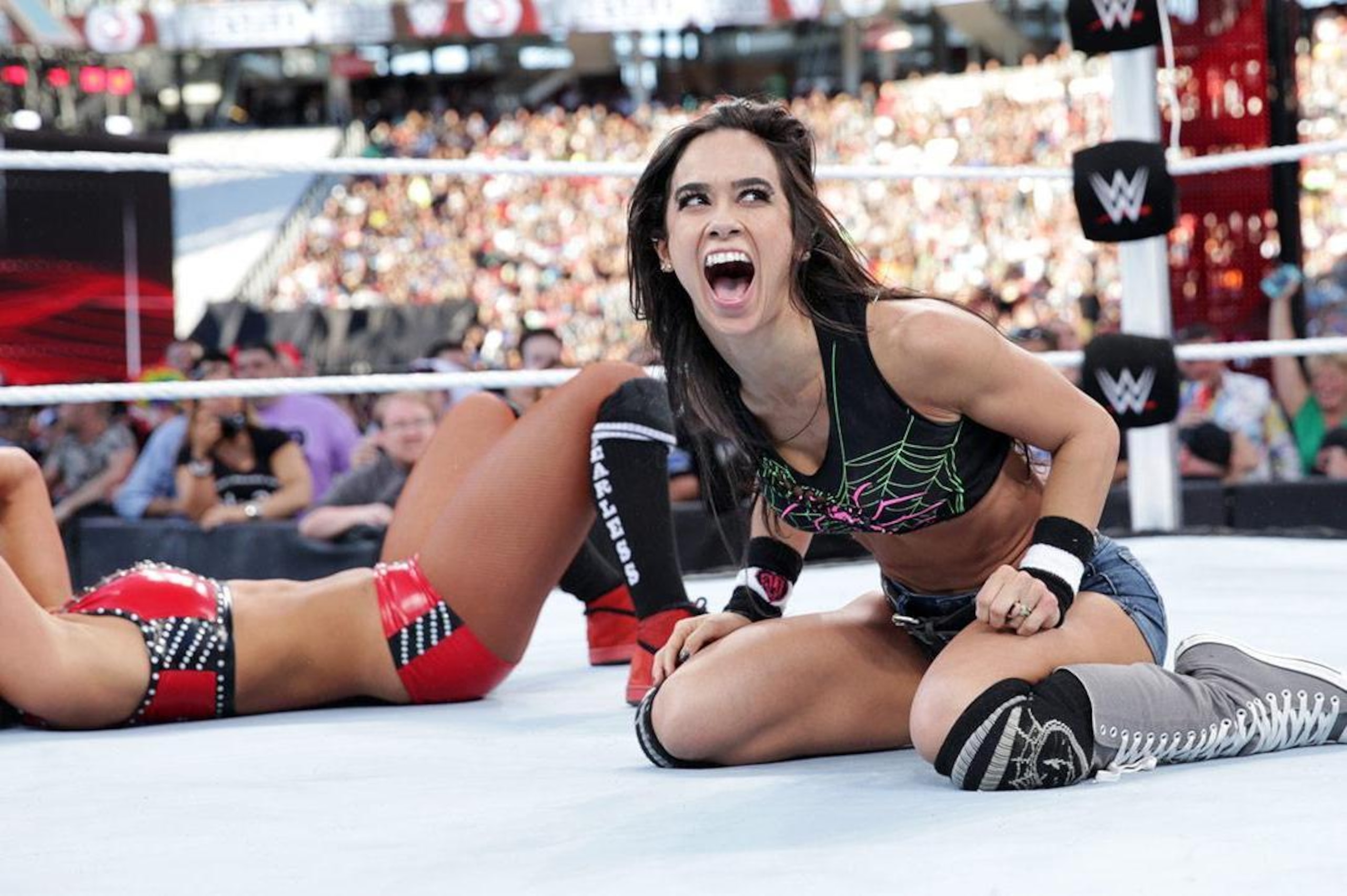 AJ Lee celebrates beating Nikki Bella.