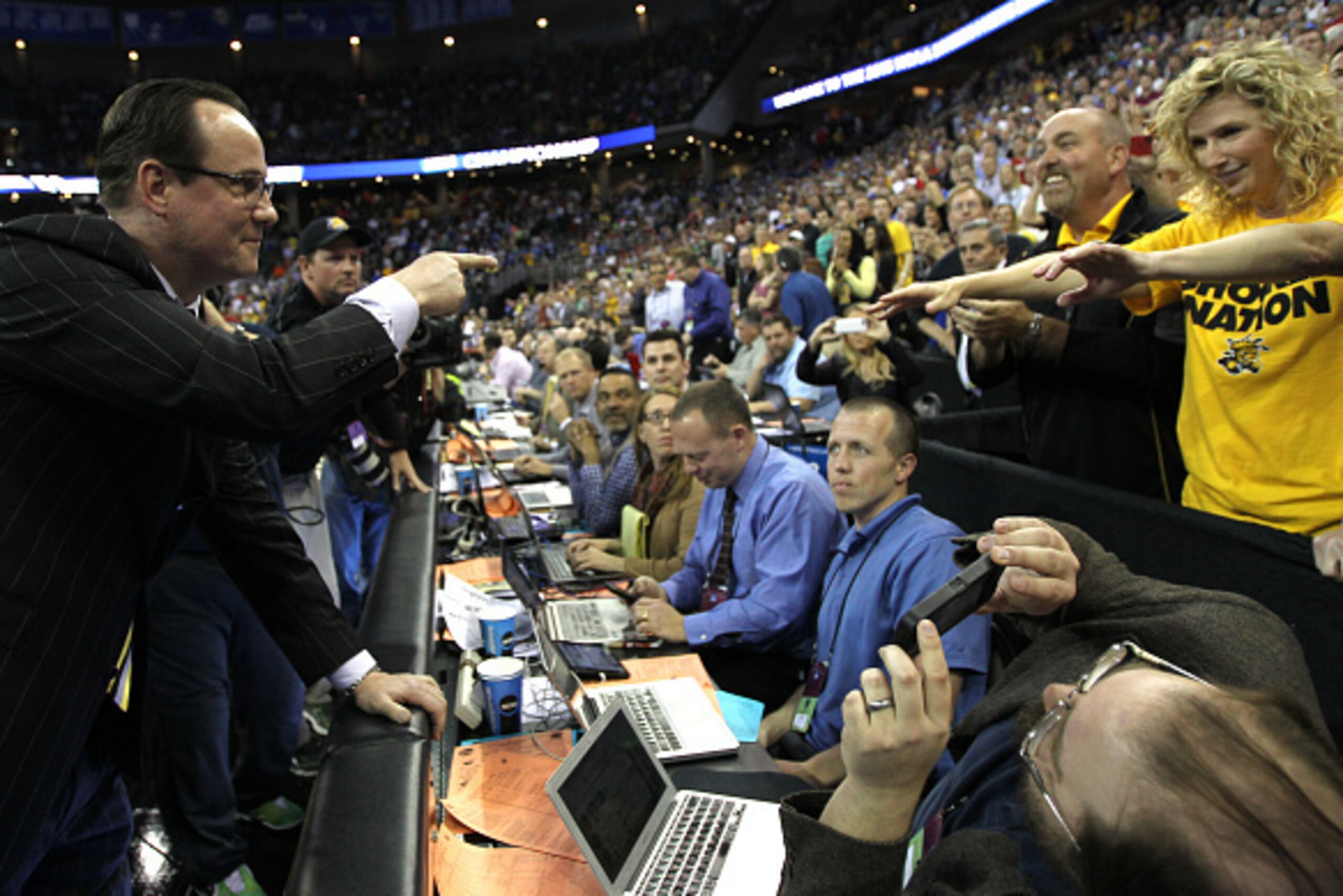 OMAHA, NE - MARCH 22:  Head coach Gregg Marshall of the Wichita State Shockers celebrates after defeating the Kansas Jayhawks in the third round of the 2015 NCAA Men's Basketball Tournament at the CenturyLink Center on March 22, 2015 in Omaha, Nebraska.  