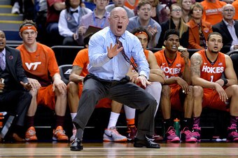 GREENSBORO, NC - MARCH 10:  Head coach Buzz Williams of the Virginia Tech Hokies  directs his team against the Wake Forest Demon Deacons during a first round game of the ACC basketball tournament at Greensboro Coliseum on March 10, 2015 in Greensboro, Nor