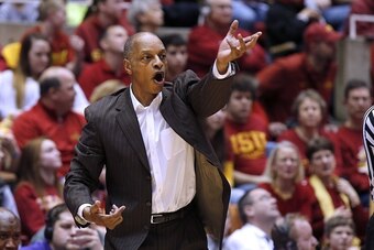 AMES, IA - JANUARY 31: Head coach Trent Johnson of the TCU Horned Frogs coaches from the bench in the second half of play against the Iowa State Cyclones at Hilton Coliseum on January 31, 2015 in Ames, Iowa. Iowa State defeated TCU 86-33. (Photo by David 