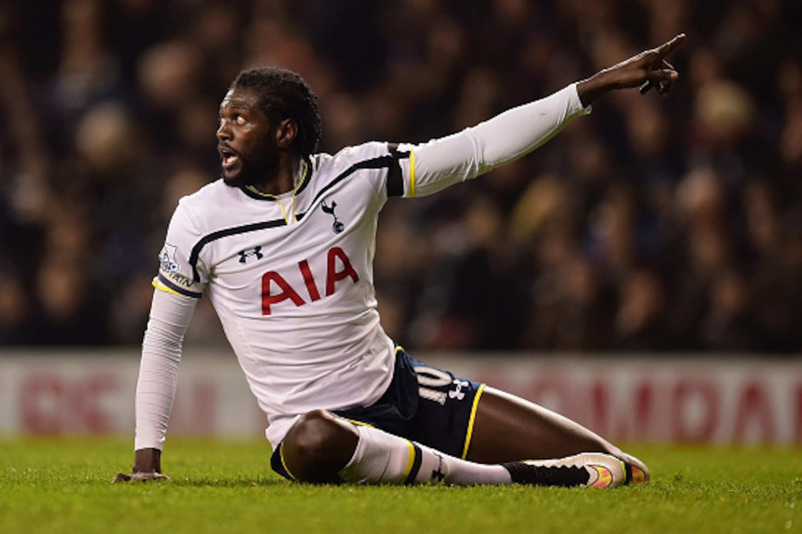 LONDON, ENGLAND - JANUARY 21:  Emmanuel Adebayour of Spurs reacts during the Capital One Cup Semi-Final first leg match between Tottenham Hotspur and Sheffield United at White Hart Lane on January 21, 2015 in London, England.  (Photo by Jamie McDonald/Get