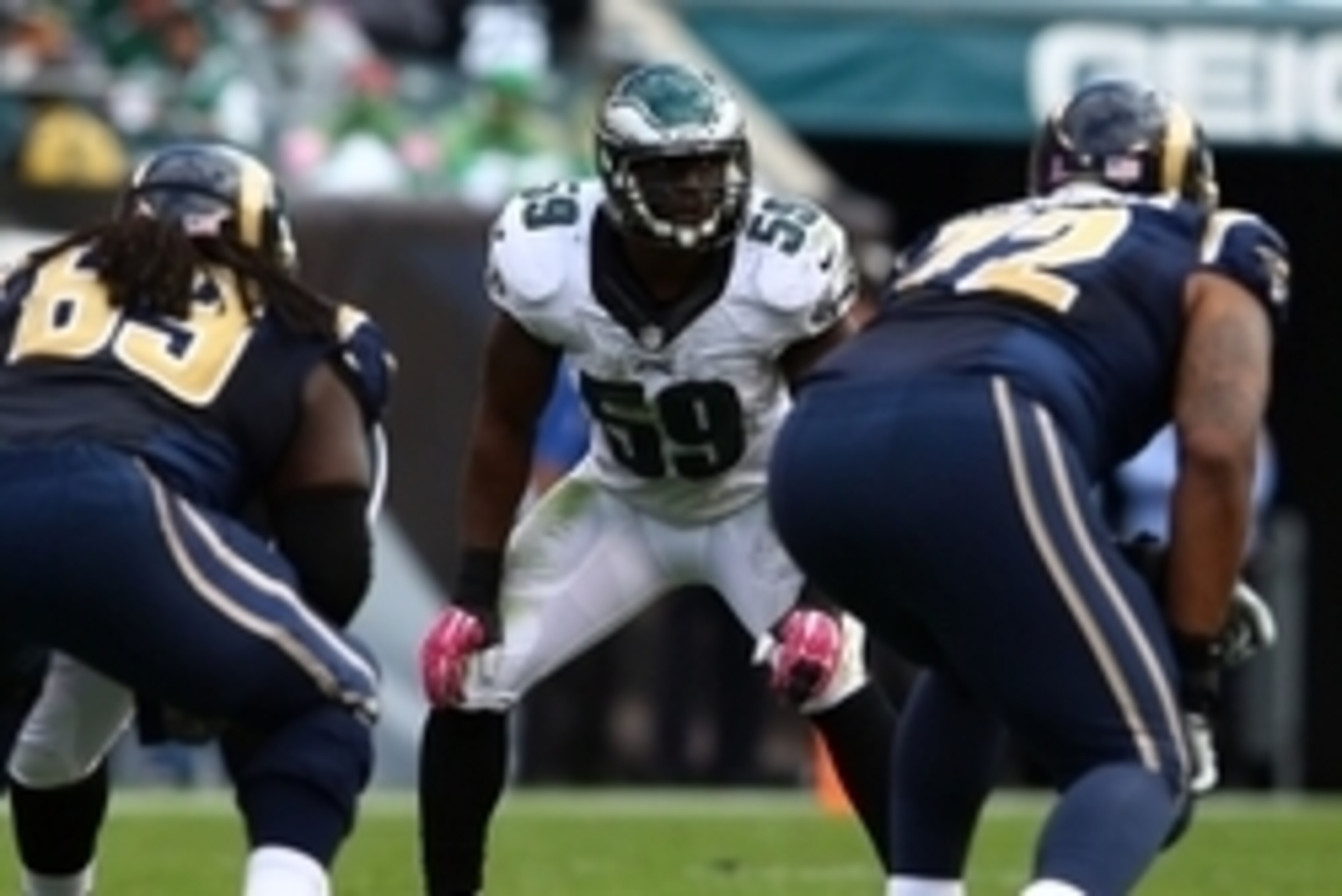 Oct 5, 2014; Philadelphia, PA, USA; Philadelphia Eagles inside linebacker DeMeco Ryans (59) gets ready for the snap of the ball against the St. Louis Rams during the second half at Lincoln Financial Field. Mandatory Credit: Jeffrey G. Pittenger-USA TODAY 