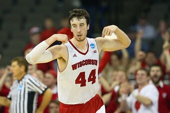 OMAHA, NE - MARCH 22: Frank Kaminsky #44 of the Wisconsin Badgers reacts during the third round of the 2015 NCAA Men's Basketball Tournament at the CenturyLink Center on March 22, 2015 in Omaha, Nebraska  (Photo by Ronald Martinez/Getty Images)