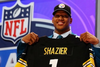 NEW YORK, NY - MAY 08:  Ryan Shazier of the Ohio State Buckeyes poses with a jersey after he was picked #15 overall by the Pittsburgh Steelers during the first round of the 2014 NFL Draft at Radio City Music Hall on May 8, 2014 in New York City.  (Photo b