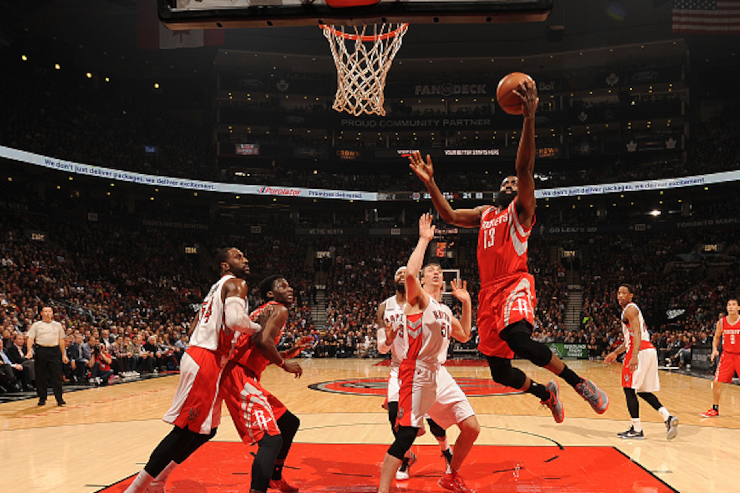 TORONTO, CANADA - MARCH 30:  James Harden #13 of the Houston Rockets shoots the ball against the Toronto Raptors on March, 30, 2015 at the Air Canada Centre in Toronto, Ontario, Canada.  NOTE TO USER: User expressly acknowledges and agrees that, by downlo