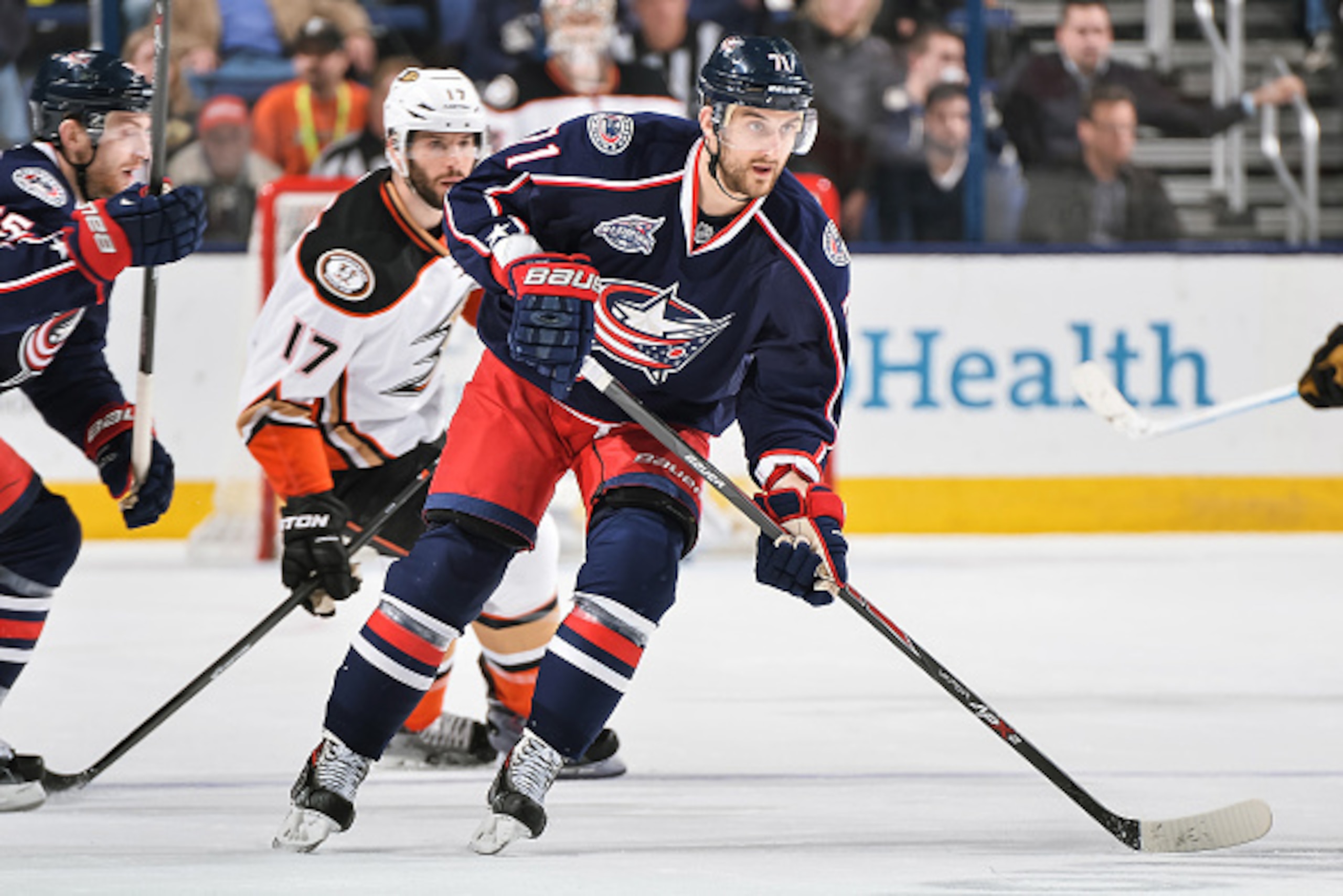COLUMBUS, OH - MARCH 24:  Nick Foligno #71 of the Columbus Blue Jackets skates against the Anaheim Ducks on March 24, 2015 at Nationwide Arena in Columbus, Ohio.  (Photo by Jamie Sabau/NHLI via Getty Images)