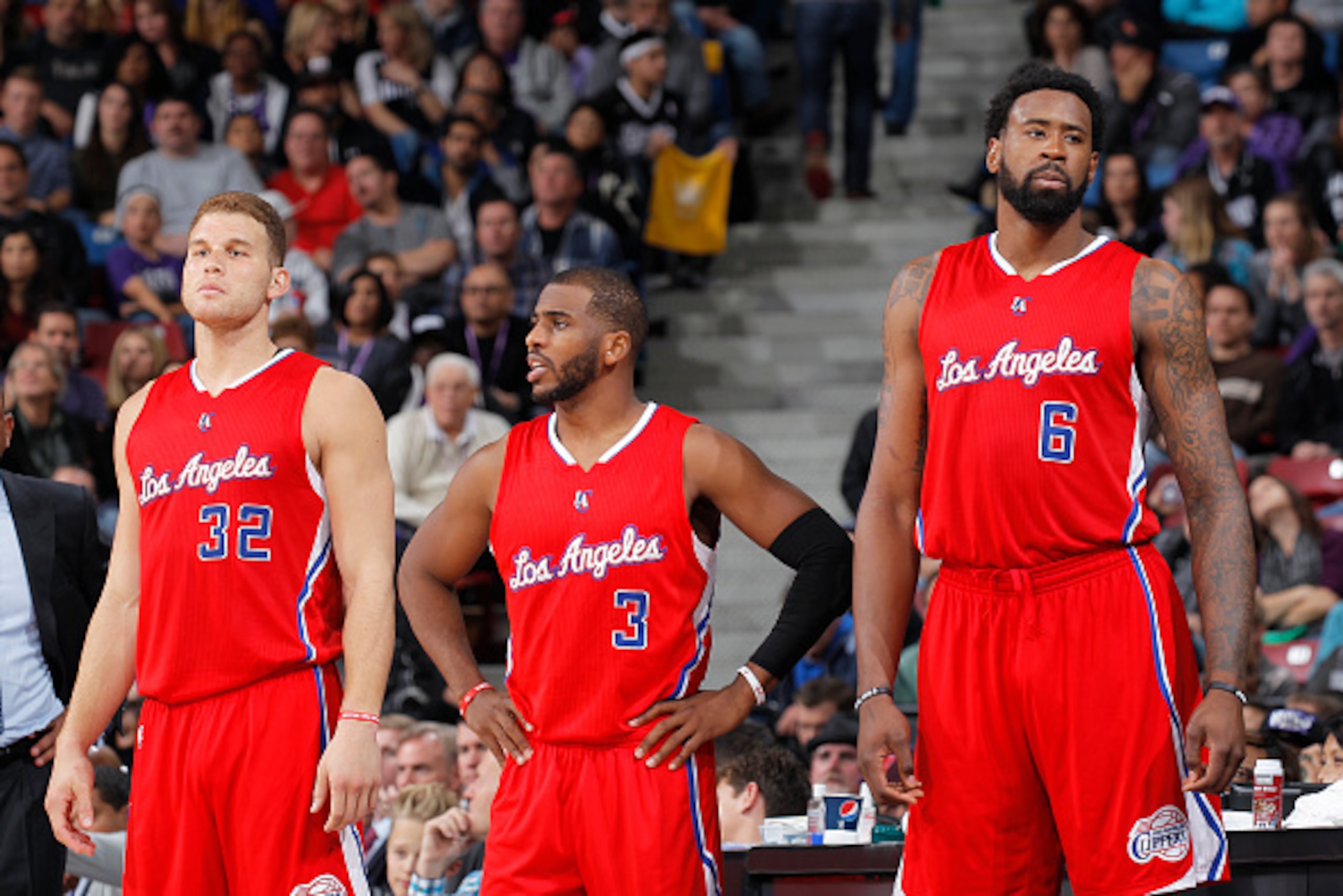 SACRAMENTO, CA - JANUARY 17: Blake Griffin #32, Chris Paul #3 and DeAndre Jordan #6 of the Los Angeles Clippers face off against the Sacramento Kings on January 17, 2015 at Sleep Train Arena in Sacramento, California. NOTE TO USER: User expressly acknowle