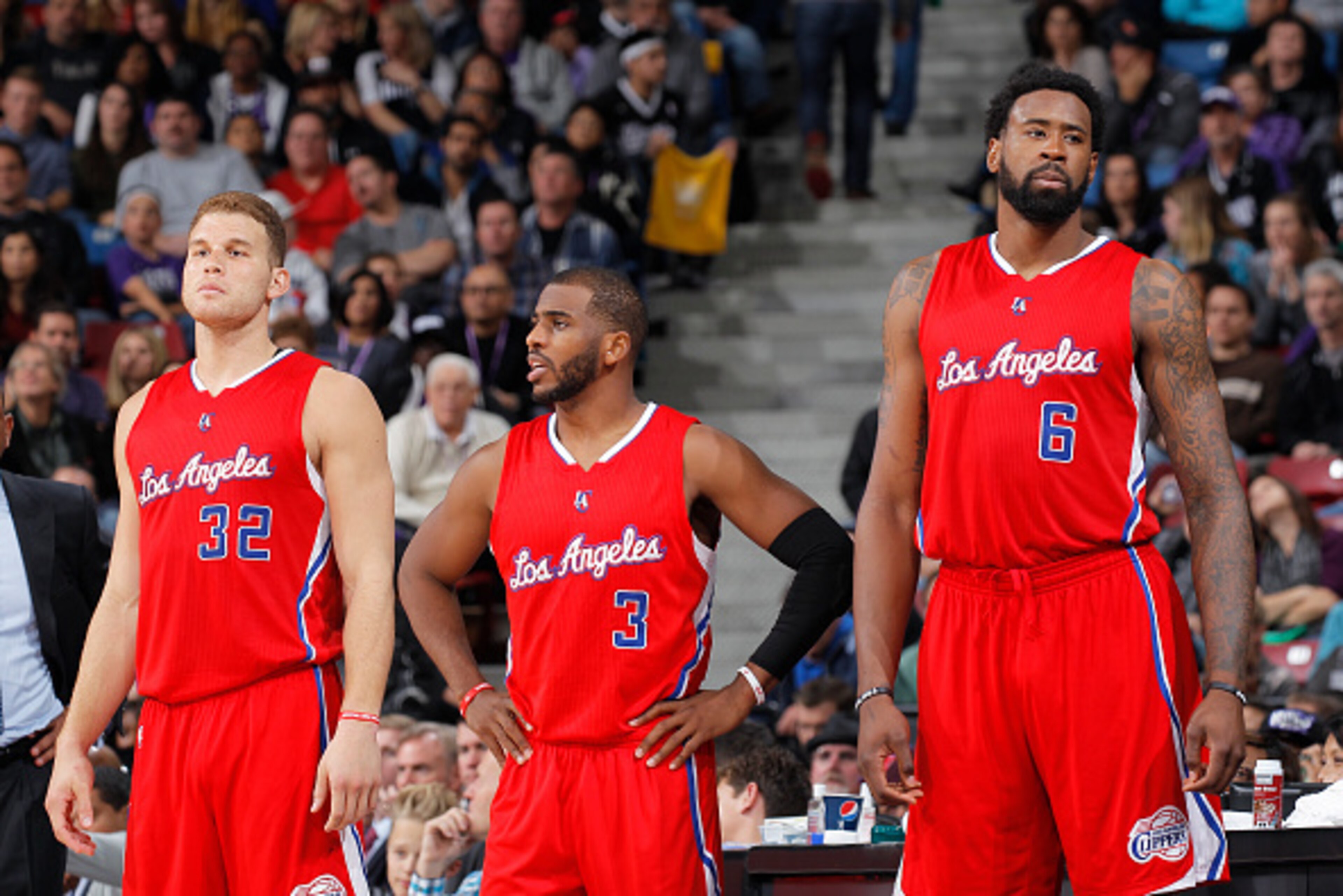 SACRAMENTO, CA - JANUARY 17: Blake Griffin #32, Chris Paul #3 and DeAndre Jordan #6 of the Los Angeles Clippers face off against the Sacramento Kings on January 17, 2015 at Sleep Train Arena in Sacramento, California. NOTE TO USER: User expressly acknowle