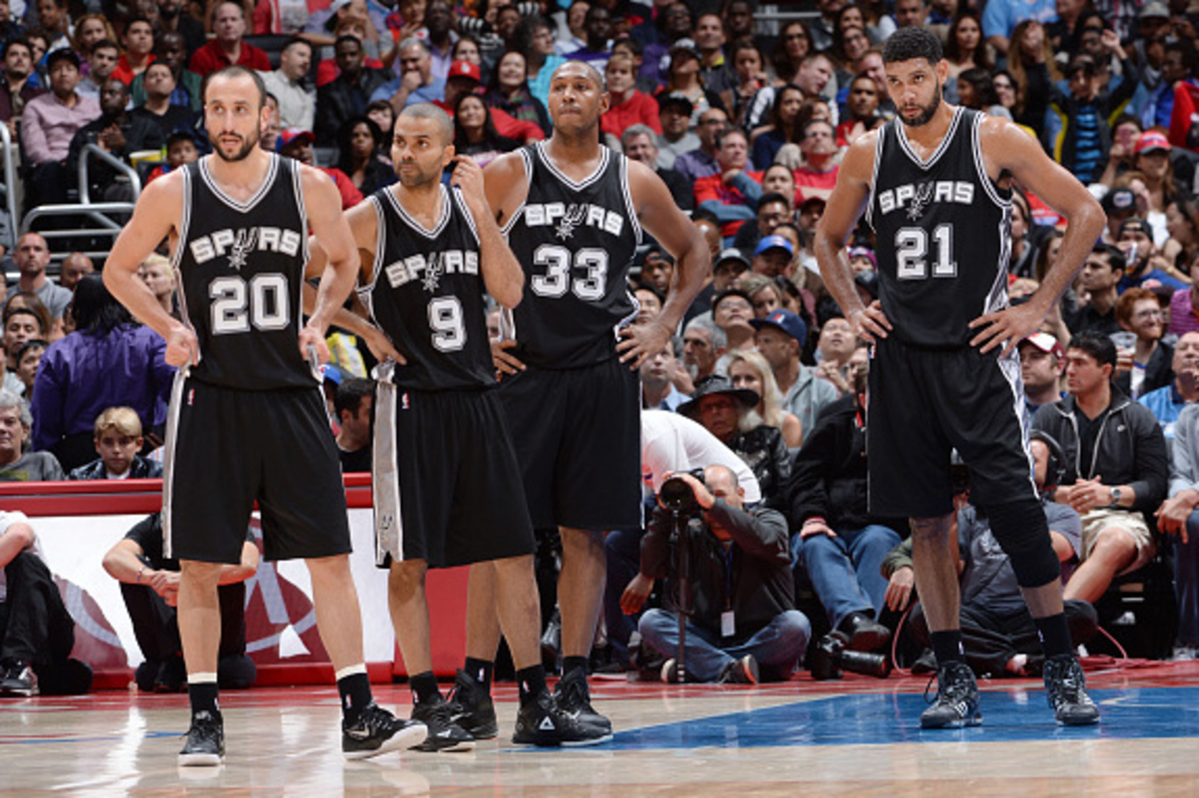 LOS ANGELES, CA - NOVEMBER 10: Manu Ginobili #20, Tony Parker #9, Boris Diaw #33 and Tim Duncan #21 of the San Antonio Spurs during the game on November 10, 2014 at STAPLES CENTER in Los Angeles, California. NOTE TO USER: User expressly acknowledges and a LOS ANGELES, CA - NOVEMBER 10: Manu Ginobili #20, Tony Parker #9, Boris Diaw #33 and Tim Duncan #21 of the San Antonio Spurs during the game on November 10, 2014 at STAPLES CENTER in Los Angeles, California. NOTE TO USER: User expressly acknowledges and a