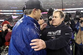 FOXBORO, MA - JANUARY 18:  Head coach Chuck Pagano of the Indianapolis Colts and head coach Bill Belichick of the New England Patriots shake hands after the 2015 AFC Championship Game at Gillette Stadium on January 18, 2015 in Foxboro, Massachusetts. The 