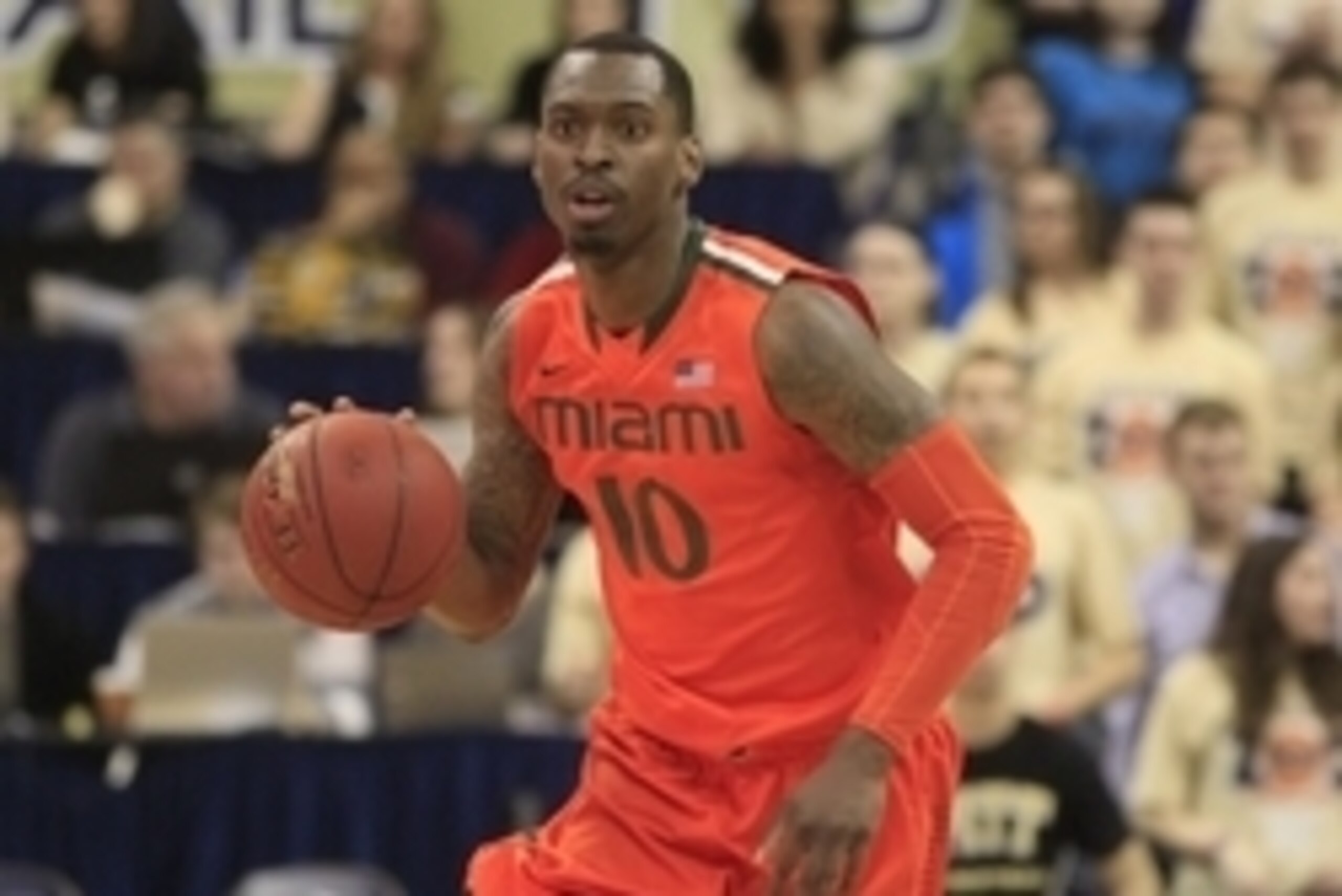 Mar 4, 2015; Pittsburgh, PA, USA; Miami (Fl) Hurricanes guard Sheldon McClellan (10) brings the ball up court against the Pittsburgh Panthers during the first half at the Petersen Events Center. Miami won 67-63. Mandatory Credit: Charles LeClaire-USA TODA