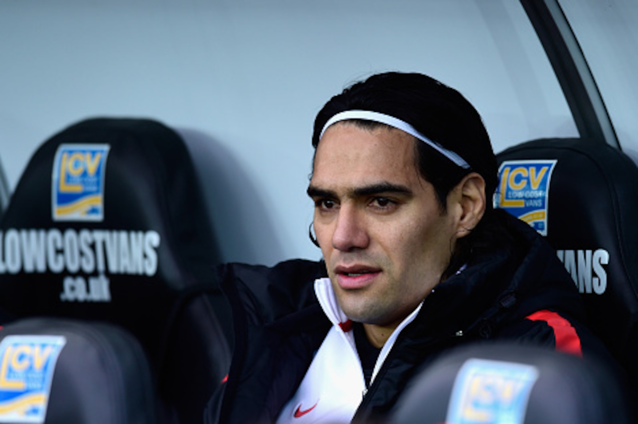 SWANSEA, WALES - FEBRUARY 21:  Manchester United player Radamel Falcao looks on from the substitutes bench before the Barclays Premier League match between Swansea City and Manchester United at Liberty Stadium on February 21, 2015 in Swansea, Wales.  (Pho