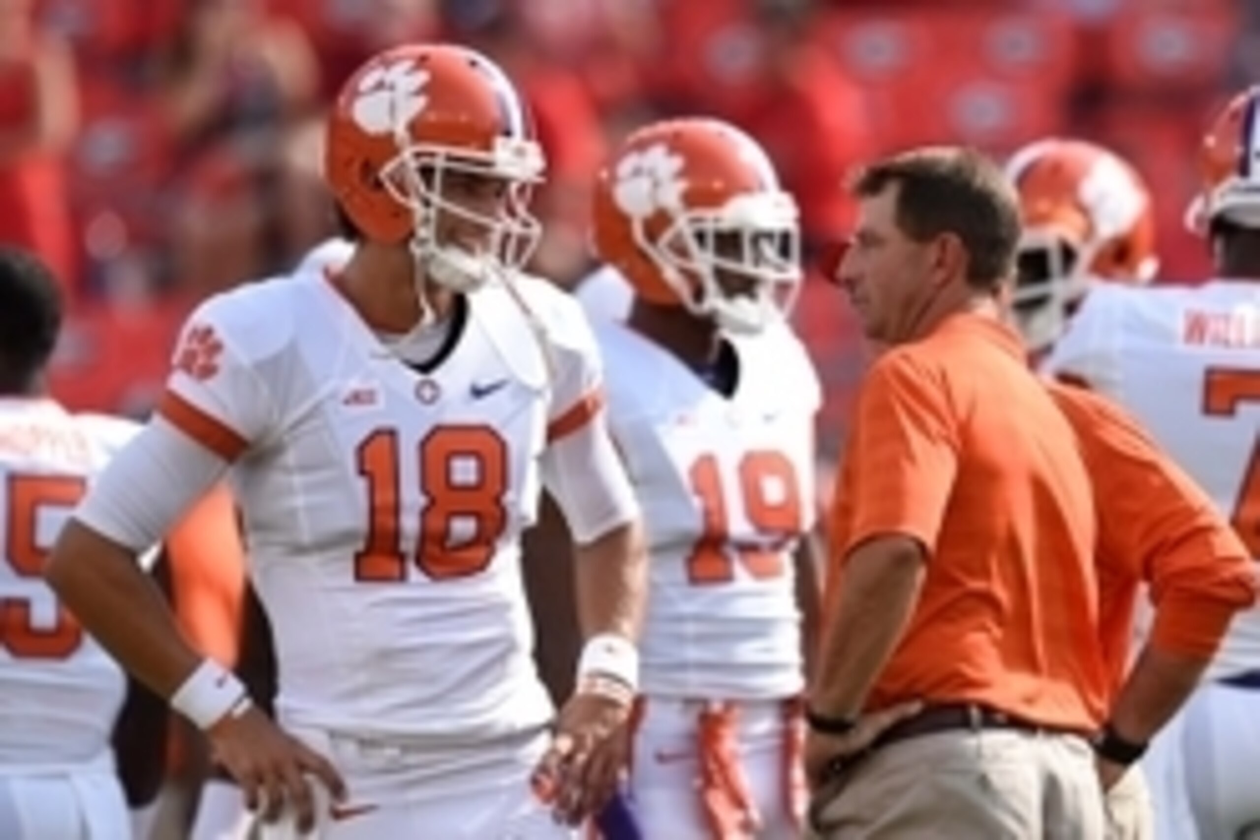 Aug 30, 2014; Athens, GA, USA; Clemson Tigers head coach Dabo Swinney talks to quarterback Cole Stoudt (18) prior to the game against the Georgia Bulldogs at Sanford Stadium. Mandatory Credit: Dale Zanine-USA TODAY Sports