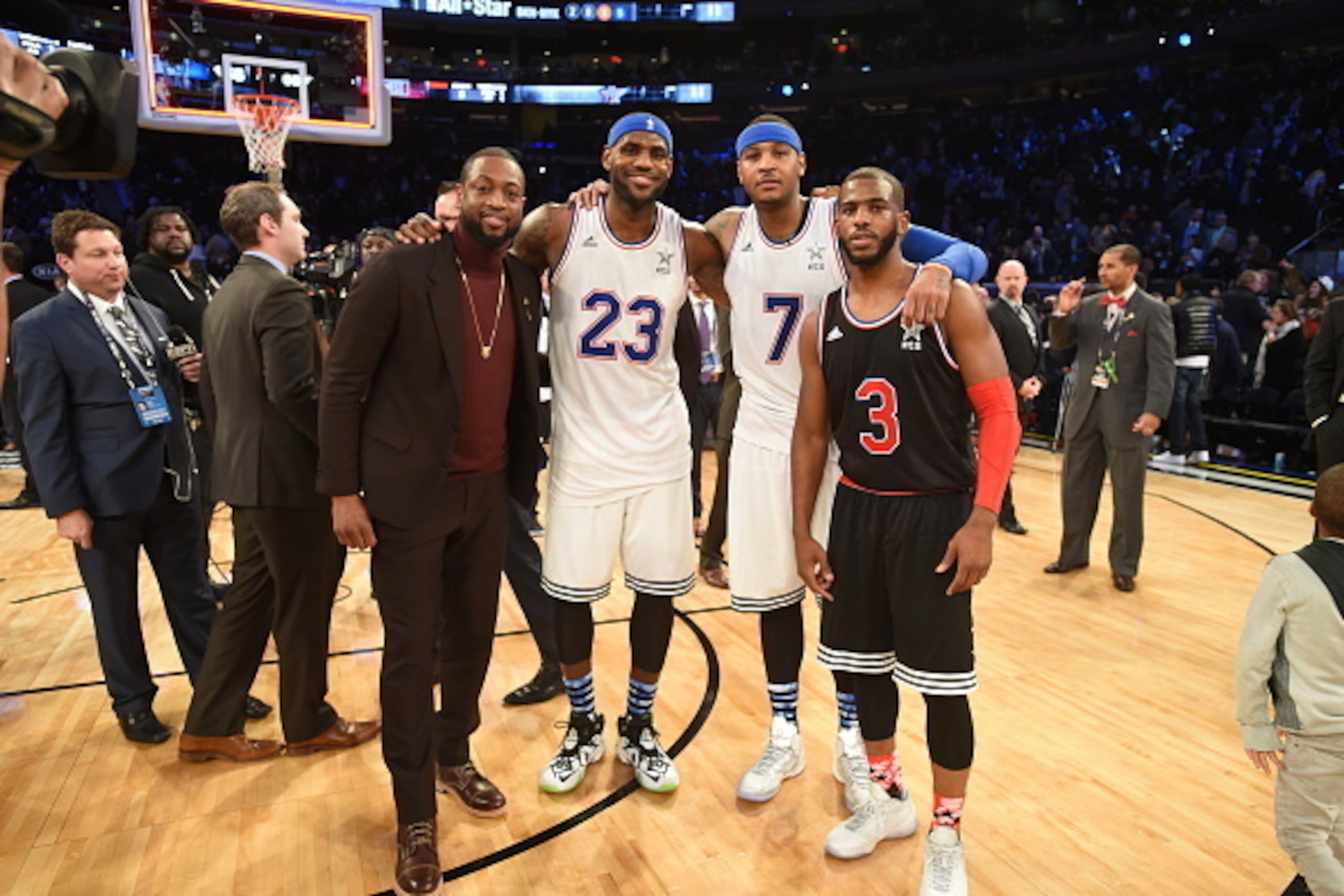 NEW YORK, NY - FEBRUARY 15:  Dwyane Wade #3, LeBron James #23, Carmelo Anthony #7 of the Eastern Conference pose for a photo with Chris Paul #3 of the Western Conference after the 64th NBA All-Star Game presented by KIA as part of the 2015 NBA All-Star We