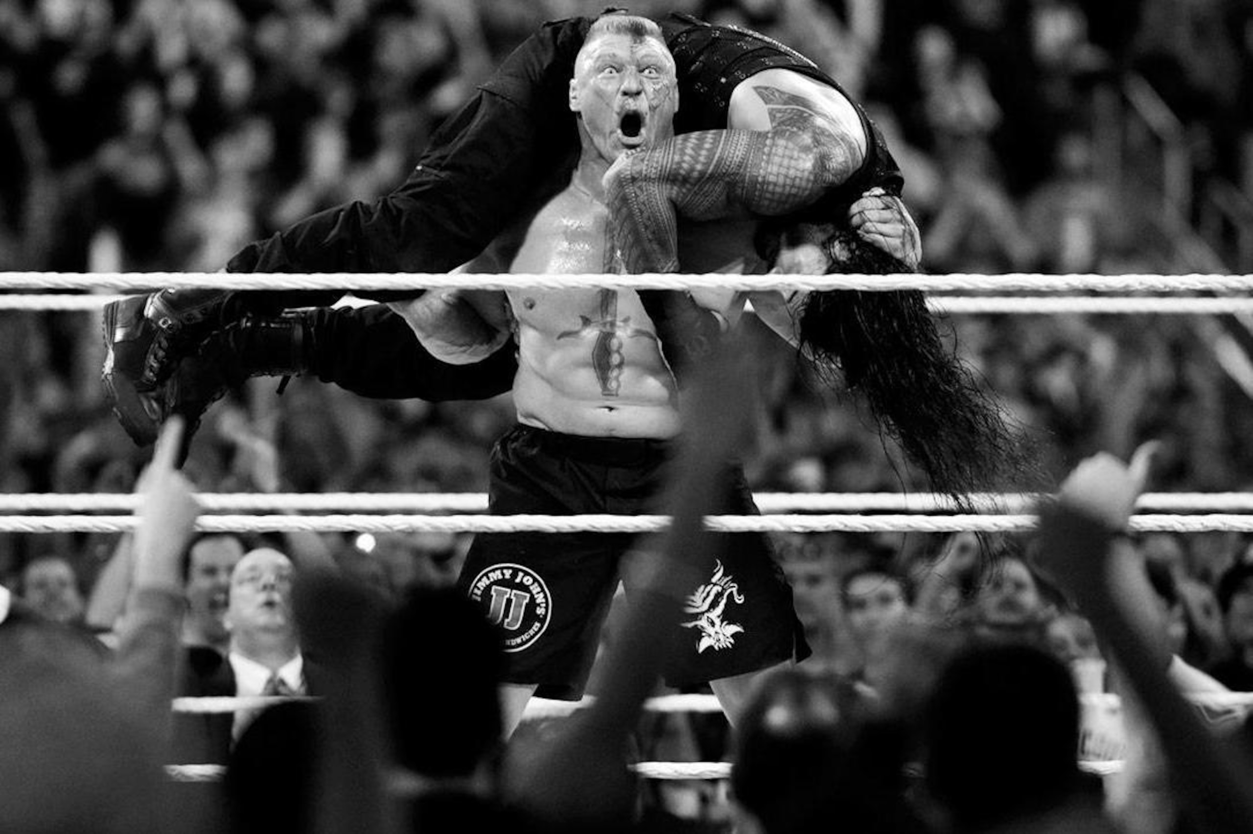 Brock Lesnar ready to F-5 Roman Reigns.