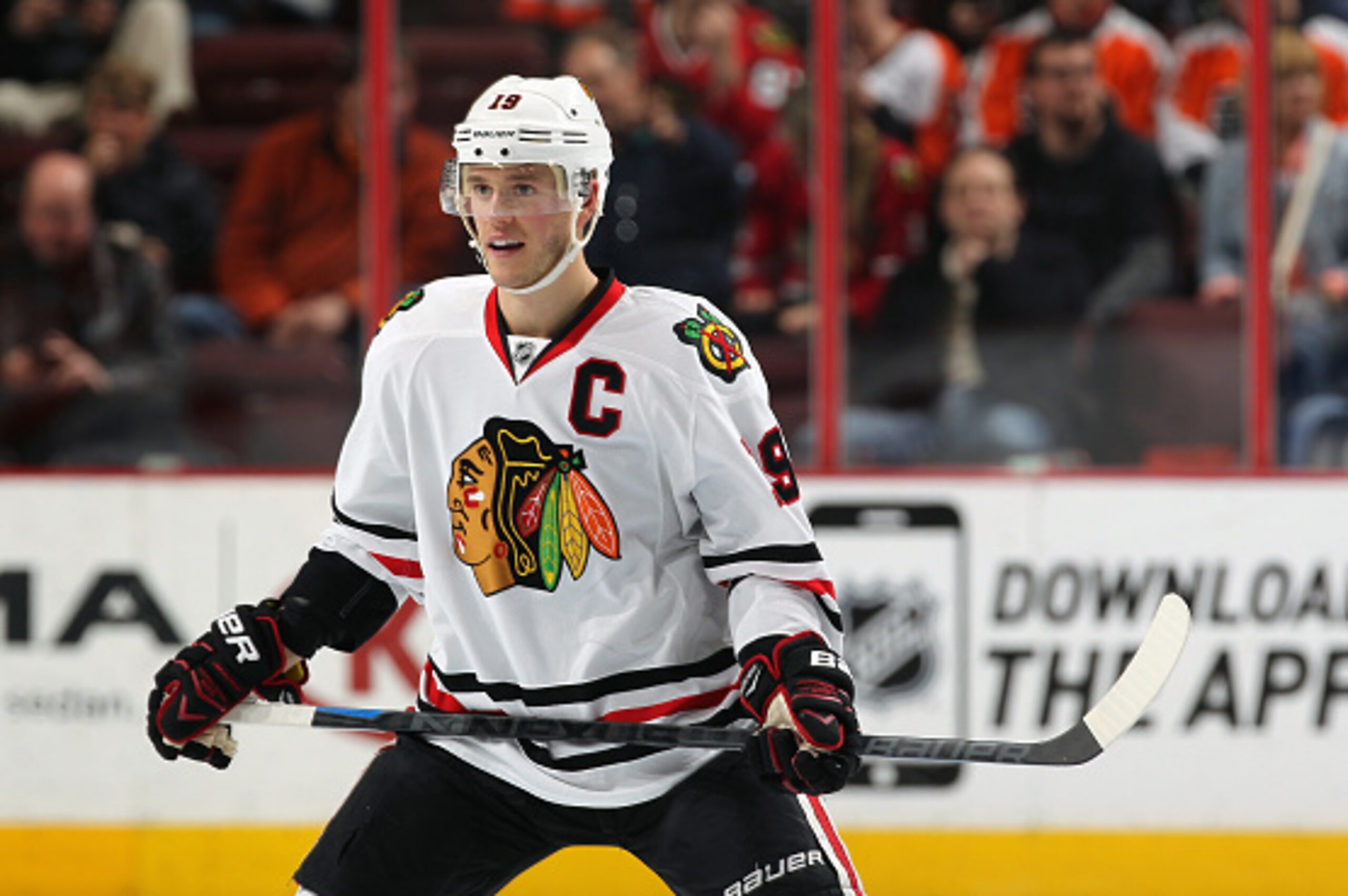 PHILADELPHIA, PA - MARCH 25:  Jonathan Toews #19 of the Chicago Blackhawks looks on against the Philadelphia Flyers on March 25, 2015 at the Wells Fargo Center in Philadelphia, Pennsylvania.  (Photo by Len Redkoles/NHLI via Getty Images)