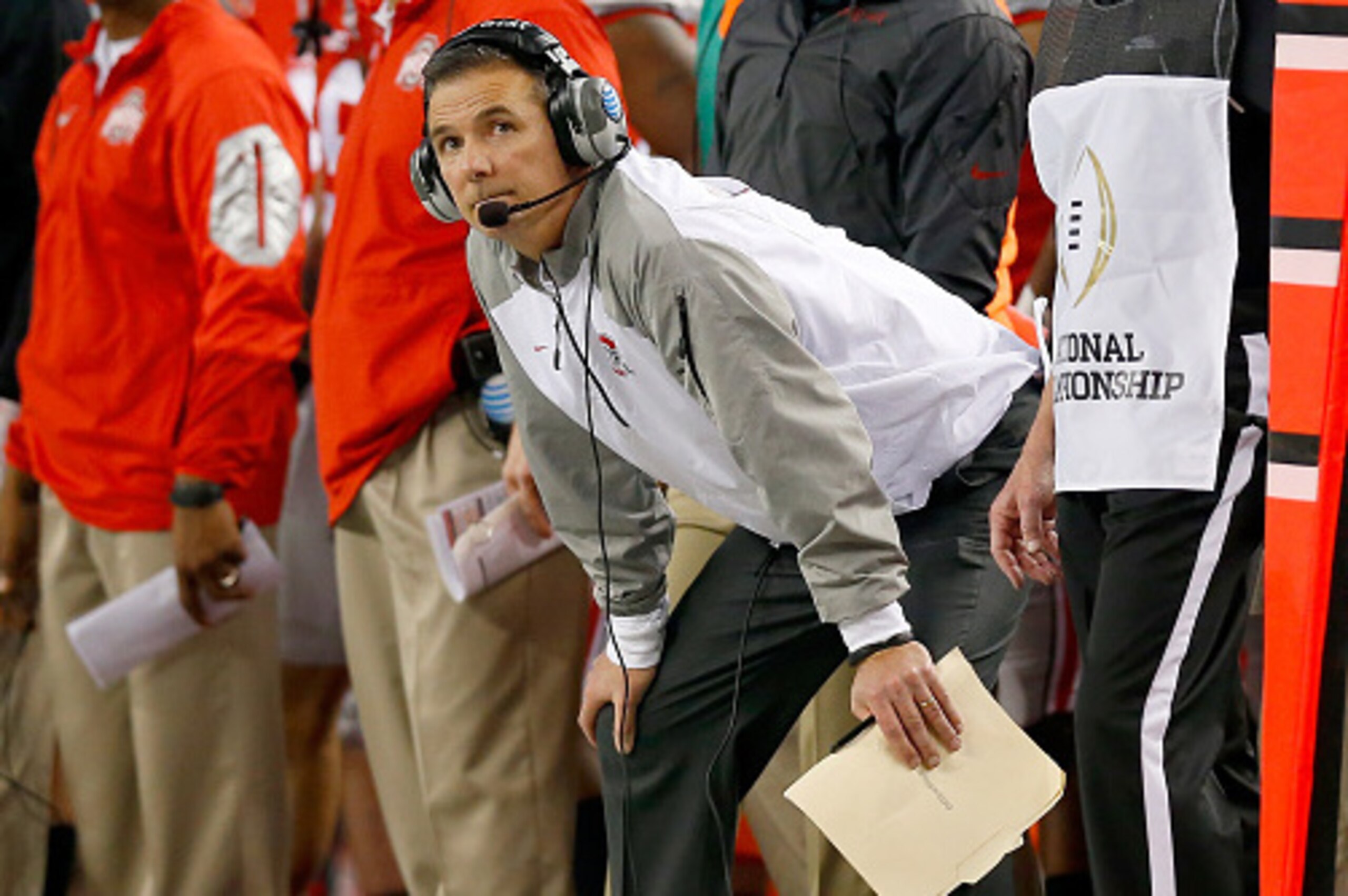 ARLINGTON, TX - JANUARY 12:  Urban Meyer of the Ohio State Buckeyes looks on during the College Football Playoff National Championship Game at AT&T Stadium on January 12, 2015 in Arlington, Texas.  (Photo by Tom Pennington/Getty Images)