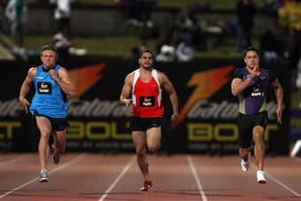 Jarryd Hayne, far right, in a 100-meter dash at an Athletic All-Stars meet in September 2010.