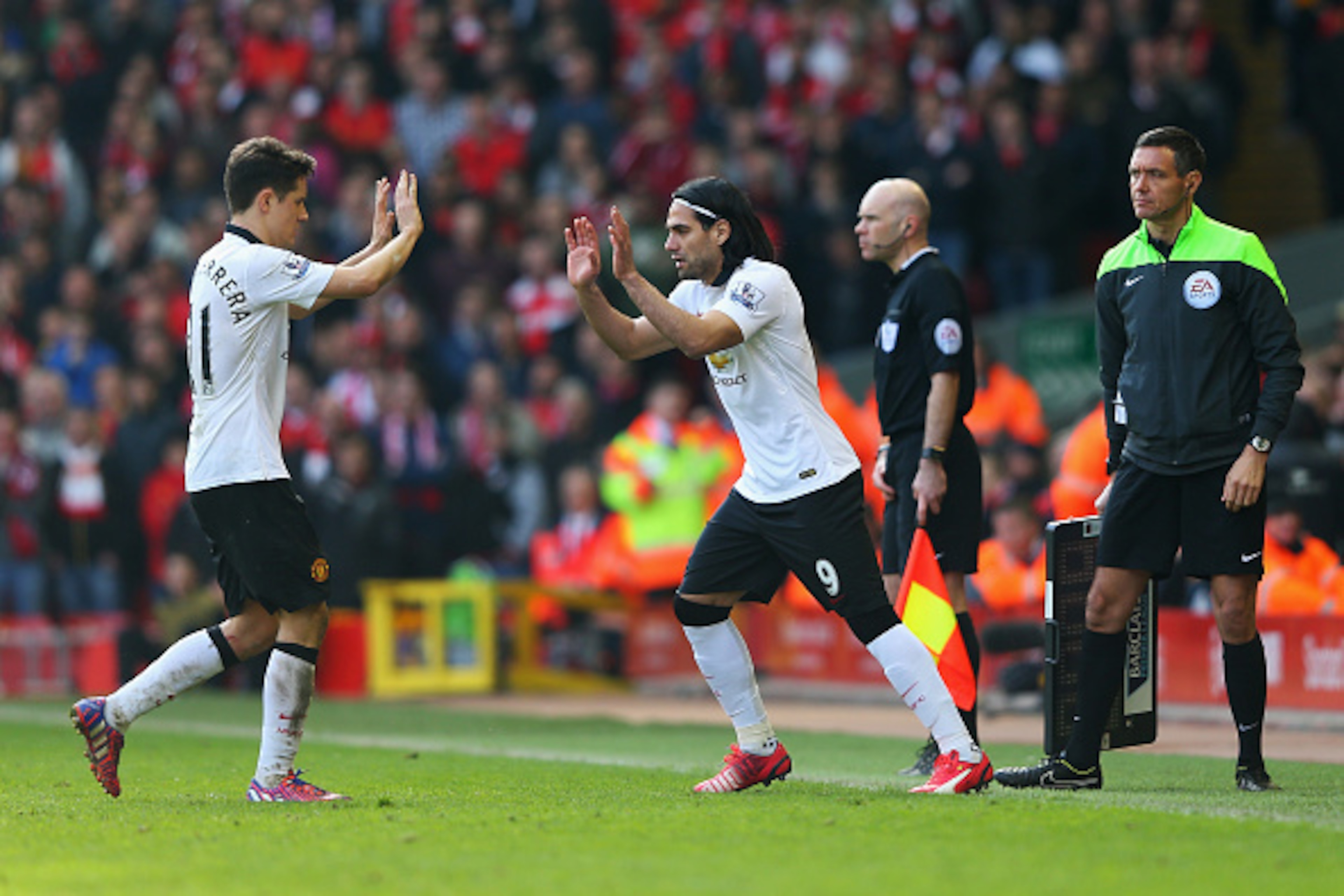 LIVERPOOL, ENGLAND - MARCH 22:  Radamel Falcao of Manchester United comes on as a substitute for Ander Herrera during the Barclays Premier League match between Liverpool and Manchester United at Anfield on March 22, 2015 in Liverpool, England.  (Photo by 