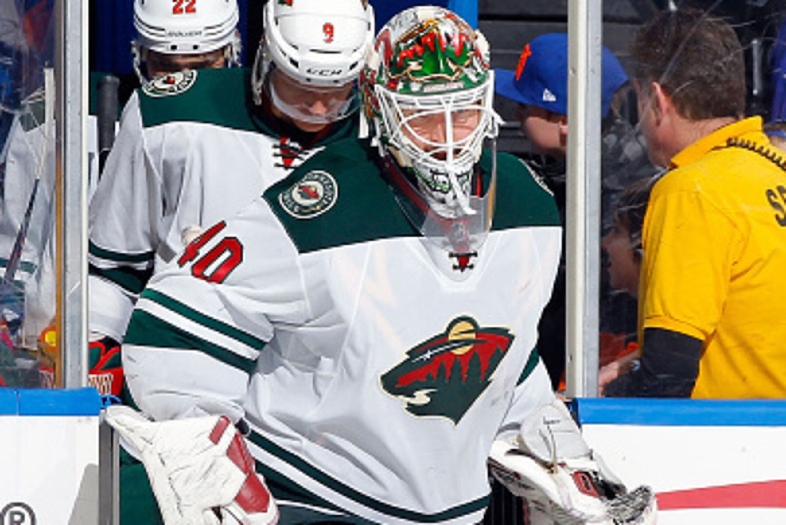UNIONDALE, NY - MARCH 24:  Devan Dubnyk #40 of the Minnesota Wild in action against the New York Islanders on March 24, 2015 at Nassau Veterans Memorial Coliseum in Uniondale, New York. The Wild defeated the Islanders 2-1 after a shootout.  (Photo by Jim 