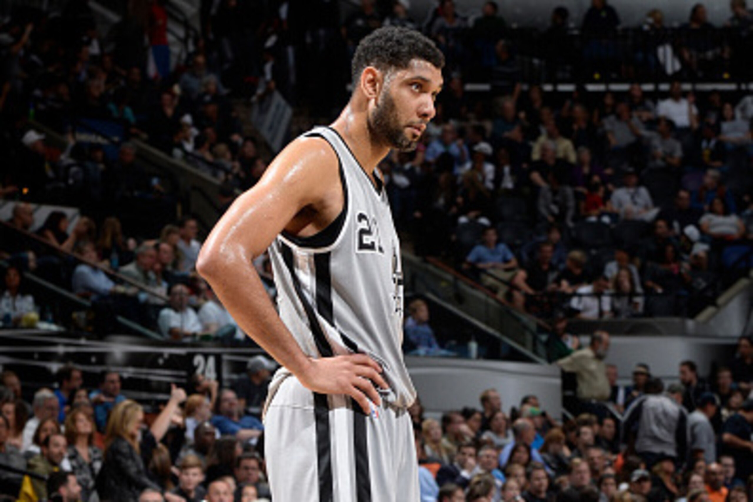 SAN ANTONIO, TX - MARCH 20:  Tim Duncan #21 of the San Antonio Spurs looks on during the game against the Boston Celtics on March 20, 2015 at the AT&T Center in San Antonio, Texas. NOTE TO USER: User expressly acknowledges and agrees that, by downloading 