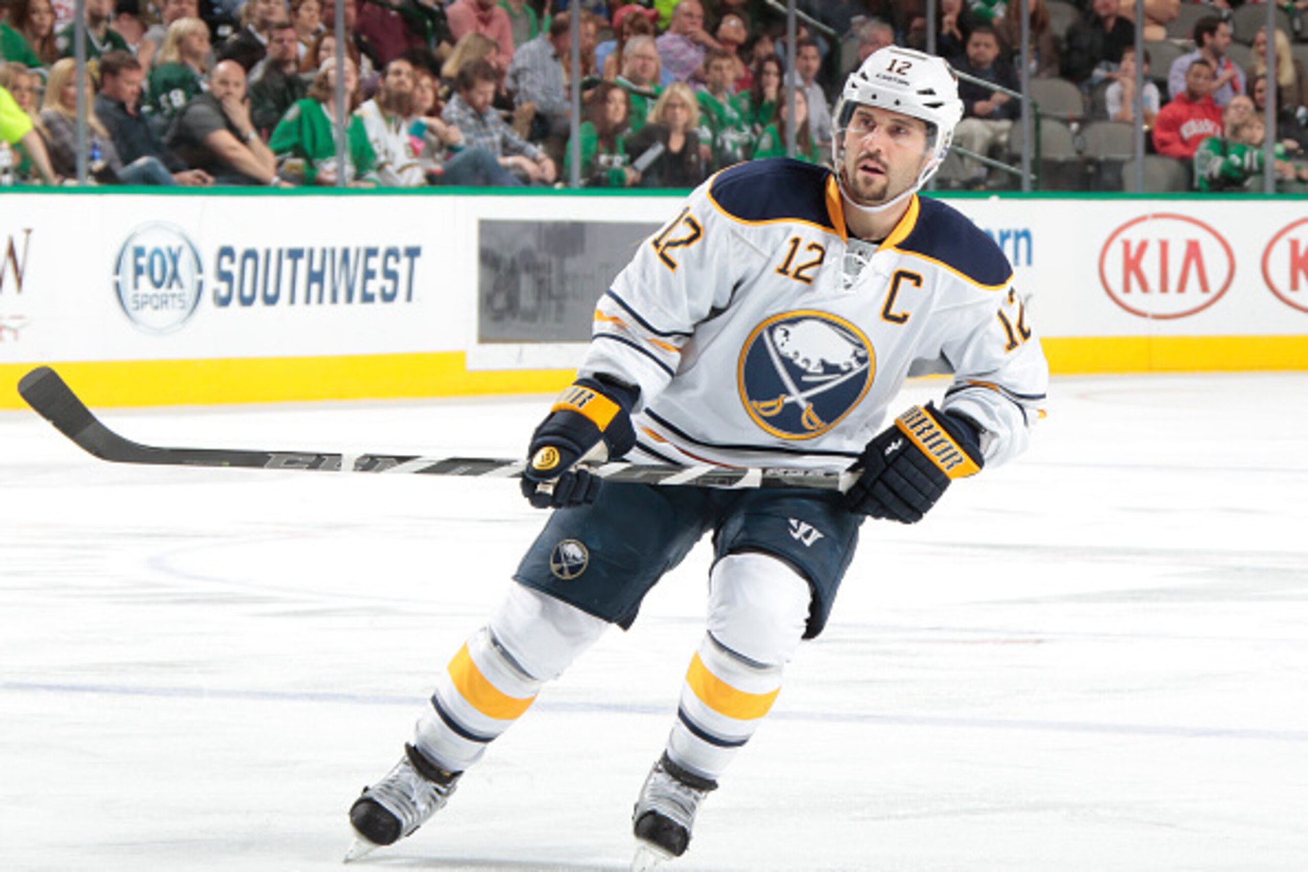 DALLAS, TX - MARCH 23: Brian Gionta #12 of the Buffalo Sabres skates against the Dallas Stars at the American Airlines Center on March 23, 2015 in Dallas, Texas. (Photo by Glenn James/NHLI via Getty Images)