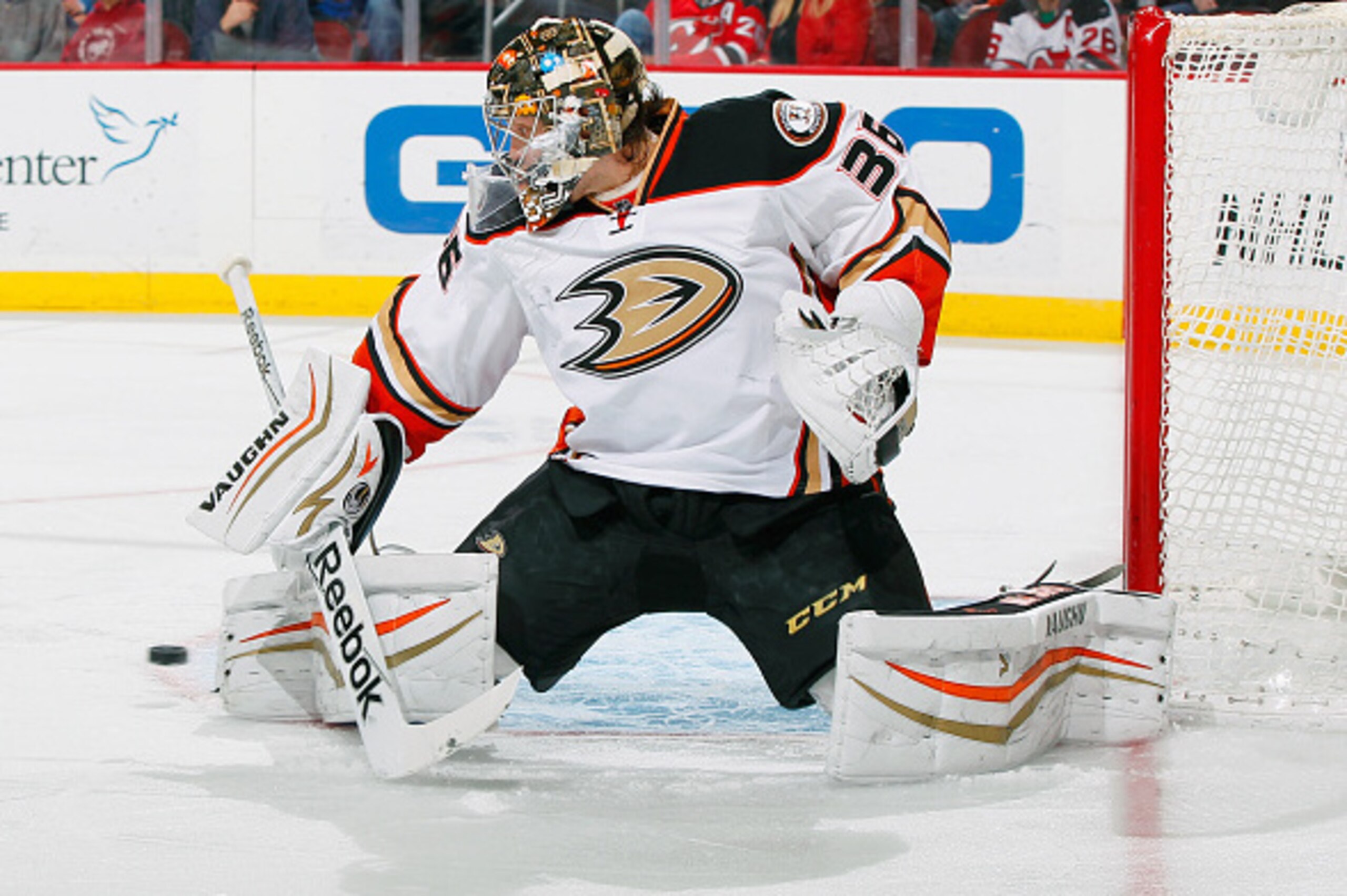 NEWARK, NJ - MARCH 29: John Gibson #36 of the Anaheim Ducks makes a save against the New Jersey Devils during the game at the Prudential Center on March 29, 2015 in Newark, New Jersey. (Photo by Andy Marlin/NHLI via Getty Images)