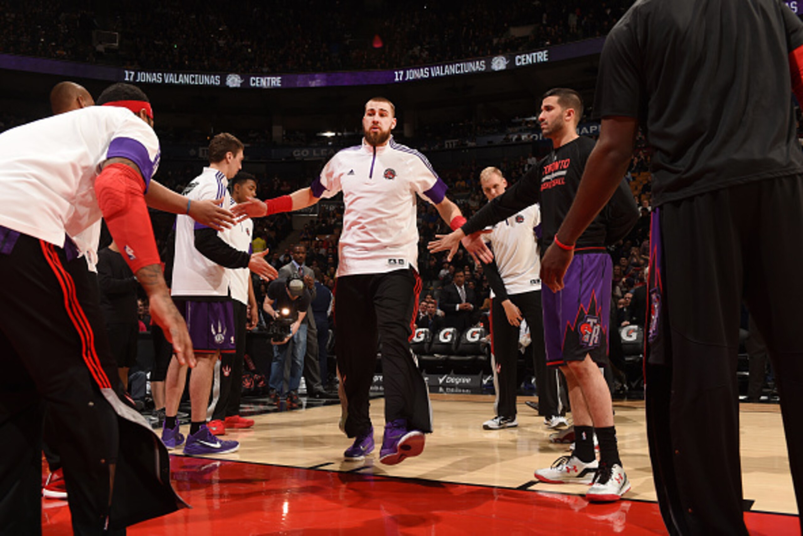 TORONTO, CAN - MARCH 27: Jonas Valanciunas #17 of the Toronto Raptors before the game against the Los Angeles Lakers on March 27, 2015 at Verizon Center in Toronto, Canada. NOTE TO USER: User expressly acknowledges and agrees that, by downloading and/or u