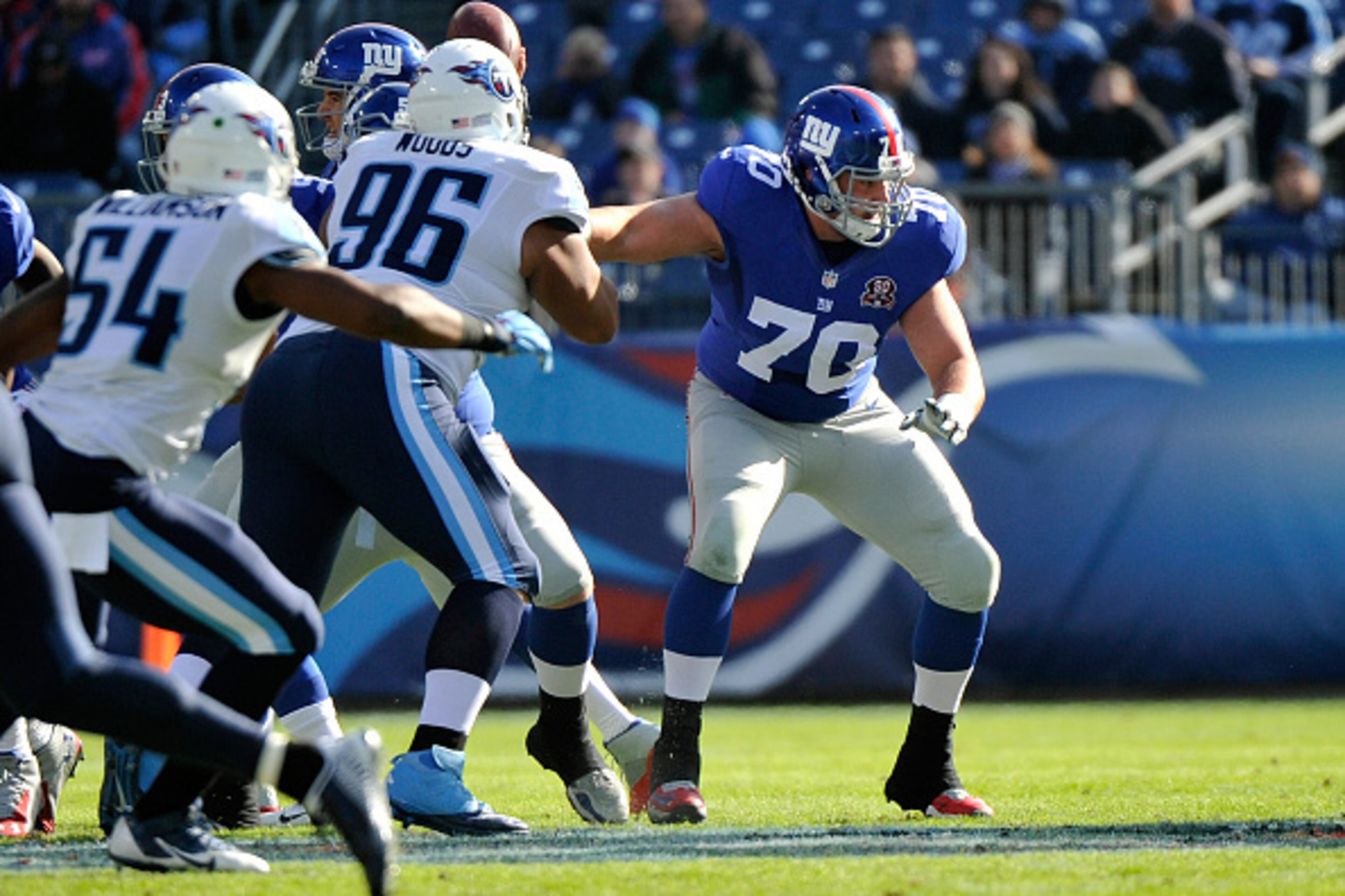 NASHVILLE, TN - DECEMBER 07: Weston Richburg #70 of the New York Giants plays against the Tennessee Titans at LP Field on December 7, 2014 in Nashville, Tennessee. (Photo by Frederick Breedon/Getty Images) NASHVILLE, TN - DECEMBER 07: Weston Richburg #70 of the New York Giants plays against the Tennessee Titans at LP Field on December 7, 2014 in Nashville, Tennessee. (Photo by Frederick Breedon/Getty Images)