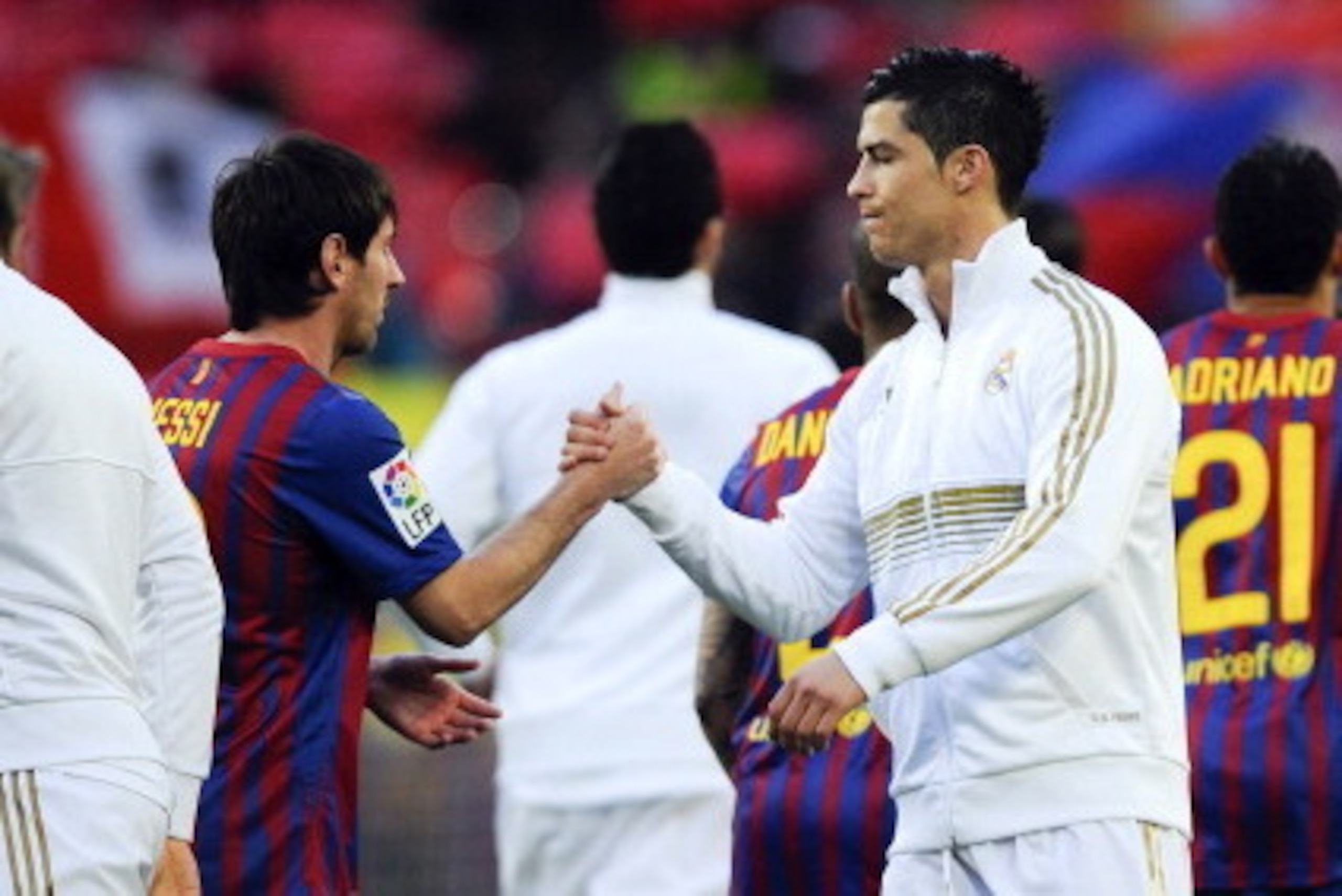 BARCELONA, SPAIN - APRIL 21: Lionel Messi of FC Barcelona (L) and Cristiano Ronaldo of Real Madrid CF shake hands prior to the La Liga match between FC Barcelona and Real Madrid at Camp Nou on April 21, 2012 in Barcelona, Spain. Real Madrid CF won 1-2. BARCELONA, SPAIN - APRIL 21: Lionel Messi of FC Barcelona (L) and Cristiano Ronaldo of Real Madrid CF shake hands prior to the La Liga match between FC Barcelona and Real Madrid at Camp Nou on April 21, 2012 in Barcelona, Spain. Real Madrid CF won 1-2.