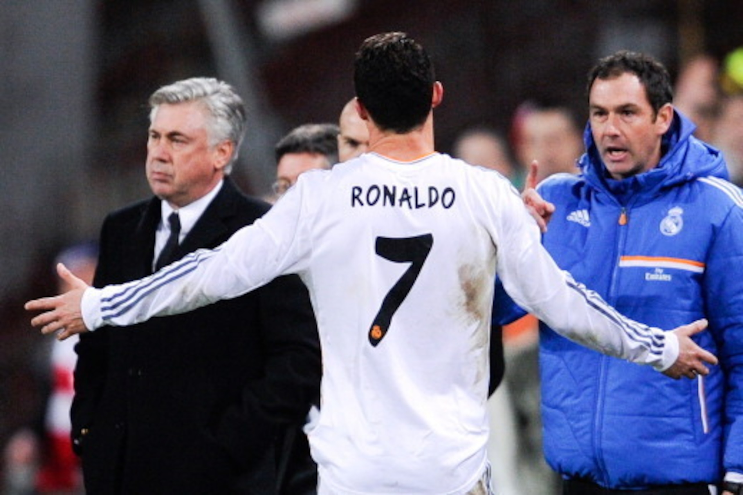 BILBAO, SPAIN - FEBRUARY 02: Cristiano Ronaldo of Real Madrid CF reacts towards head coach Carlo Ancelotti (L) of Real Madrid CF as he leaves the pitch after being shown a red card by the referee Ayza Gamez during the La Liga match between Athletic Club BILBAO, SPAIN - FEBRUARY 02: Cristiano Ronaldo of Real Madrid CF reacts towards head coach Carlo Ancelotti (L) of Real Madrid CF as he leaves the pitch after being shown a red card by the referee Ayza Gamez during the La Liga match between Athletic Club