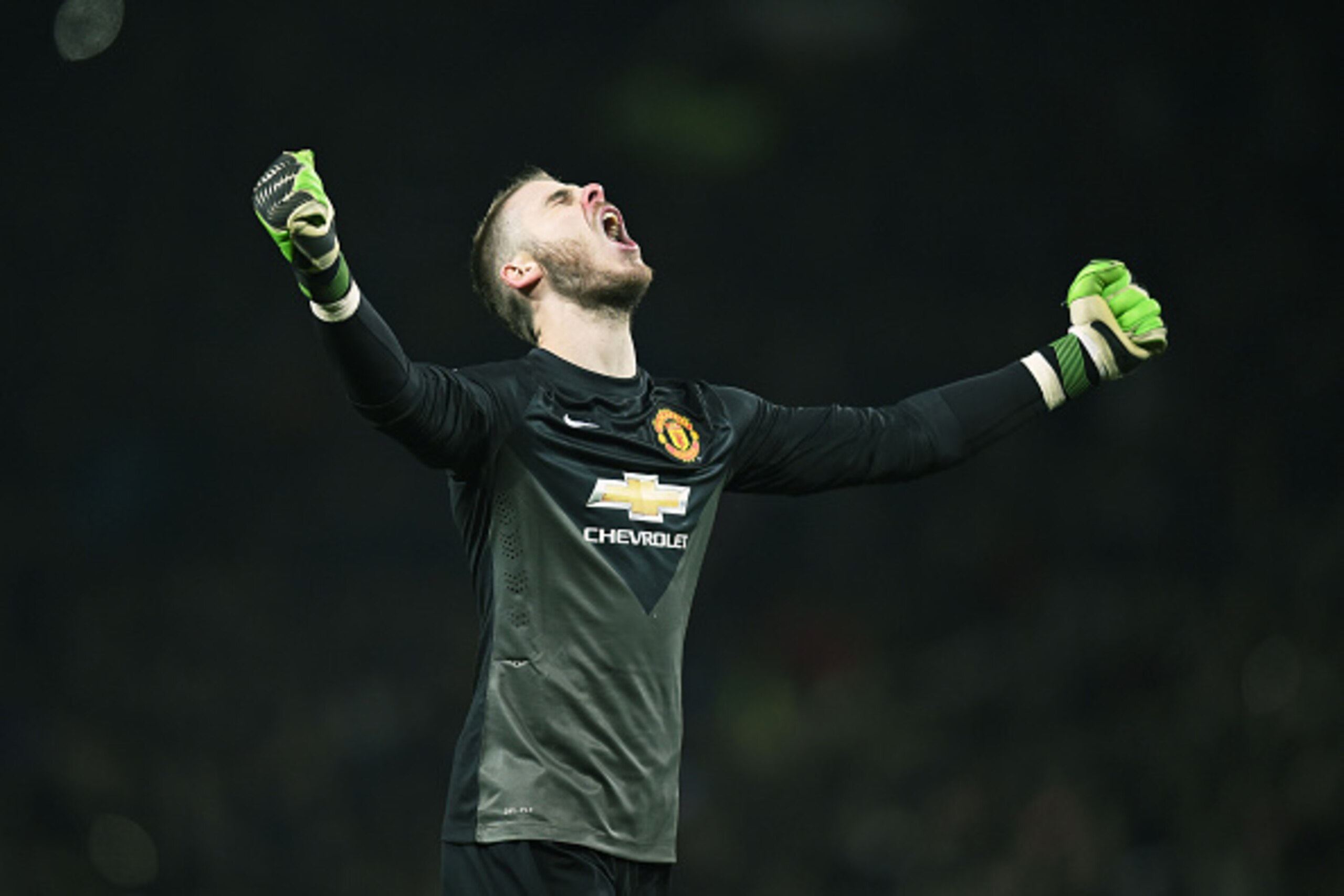 MANCHESTER, ENGLAND - FEBRUARY 11:  David De Gea of Manchester United celebrates the penalty scored by Robin van Persie of Manchester United during the Barclays Premier League match between Manchester United and Burnley at Old Trafford on February 11, 201