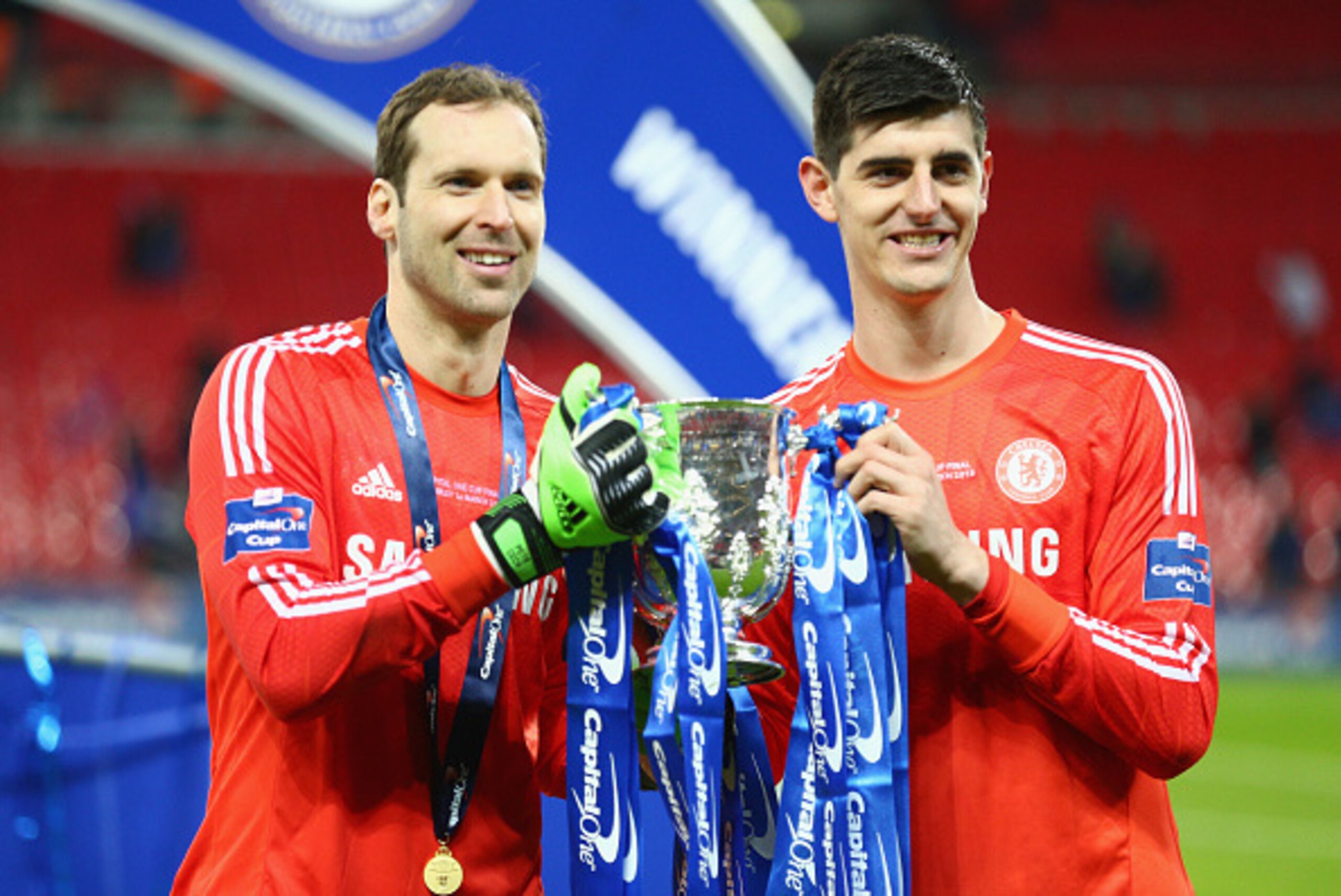 LONDON, ENGLAND - MARCH 01:  Petr Cech and Thibaut Courtois of Chelsea pose with the trophy during the Capital One Cup Final match between Chelsea and Tottenham Hotspur at Wembley Stadium on March 1, 2015 in London, England.  (Photo by Clive Mason/Getty I