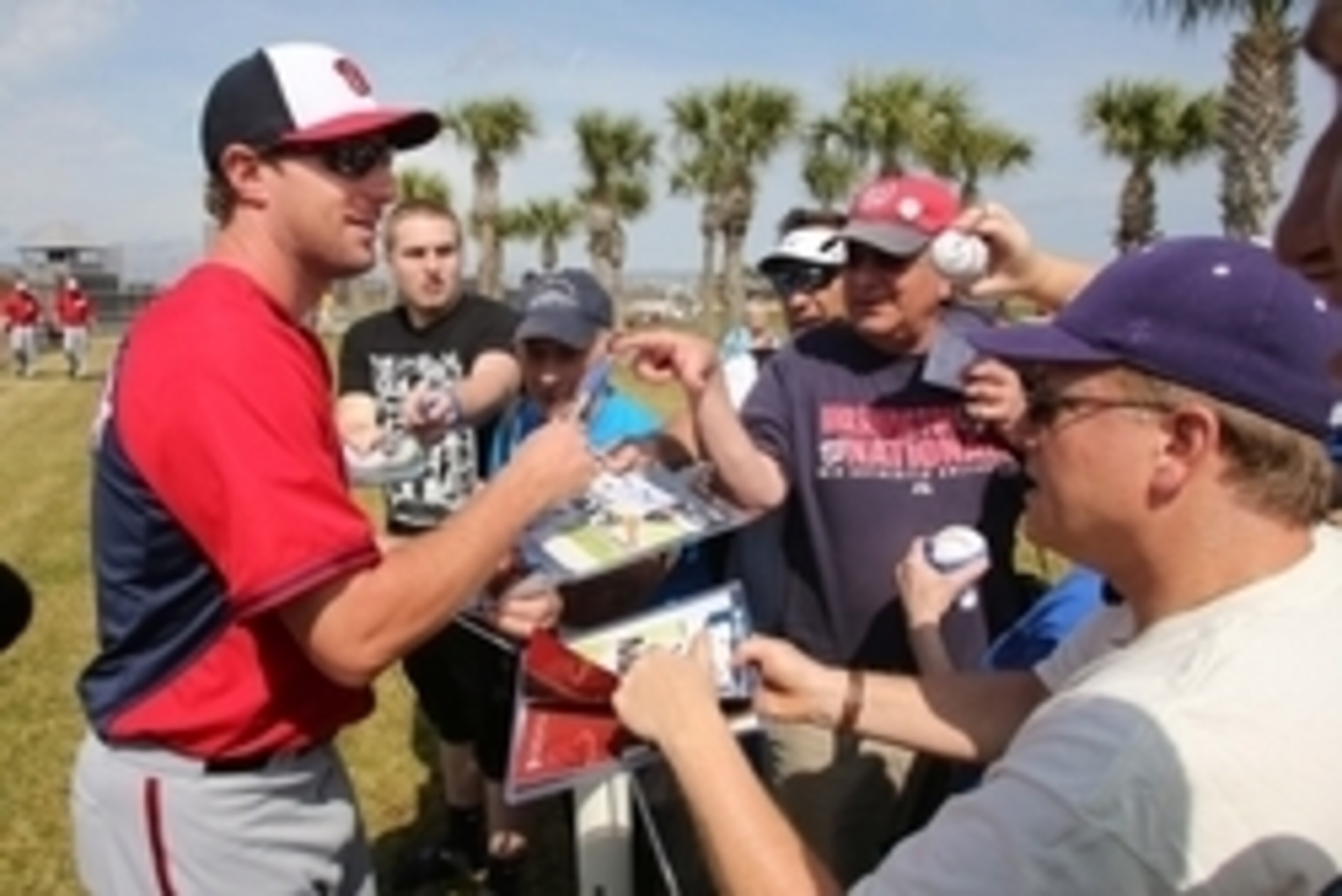 Feb 24, 2015; Viera, FL, USA; Washington Nationals pitcher Max Scherzer signs autographs during spring training camp at Space Coast Stadium. Mandatory Credit: Reinhold Matay-USA TODAY Sports