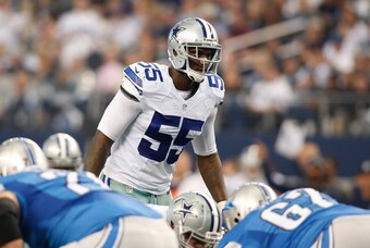 Jan 4, 2015; Arlington, TX, USA; Dallas Cowboys middle linebacker Rolando McClain (55) in game action against the Detroit Lions in the NFC Wild Card Playoff Game at AT&T Stadium. Dallas beat Detroit 24-20. Mandatory Credit: Tim Heitman-USA TODAY Sports