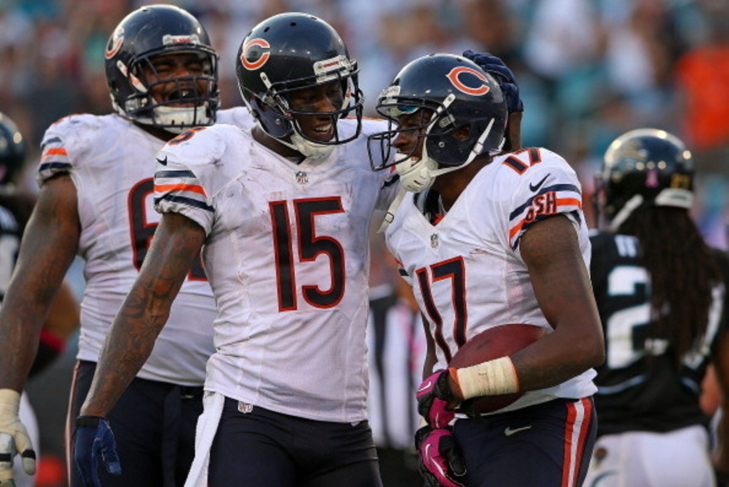 JACKSONVILLE, FL - OCTOBER 07:  Alshon Jeffery #17 of the Chicago Bears is congratulated by  Brandon Marshall #15 after scoring a touchdown during a game against the Jacksonville Jaguars at EverBank Field on October 7, 2012 in Jacksonville, Florida.  (Pho