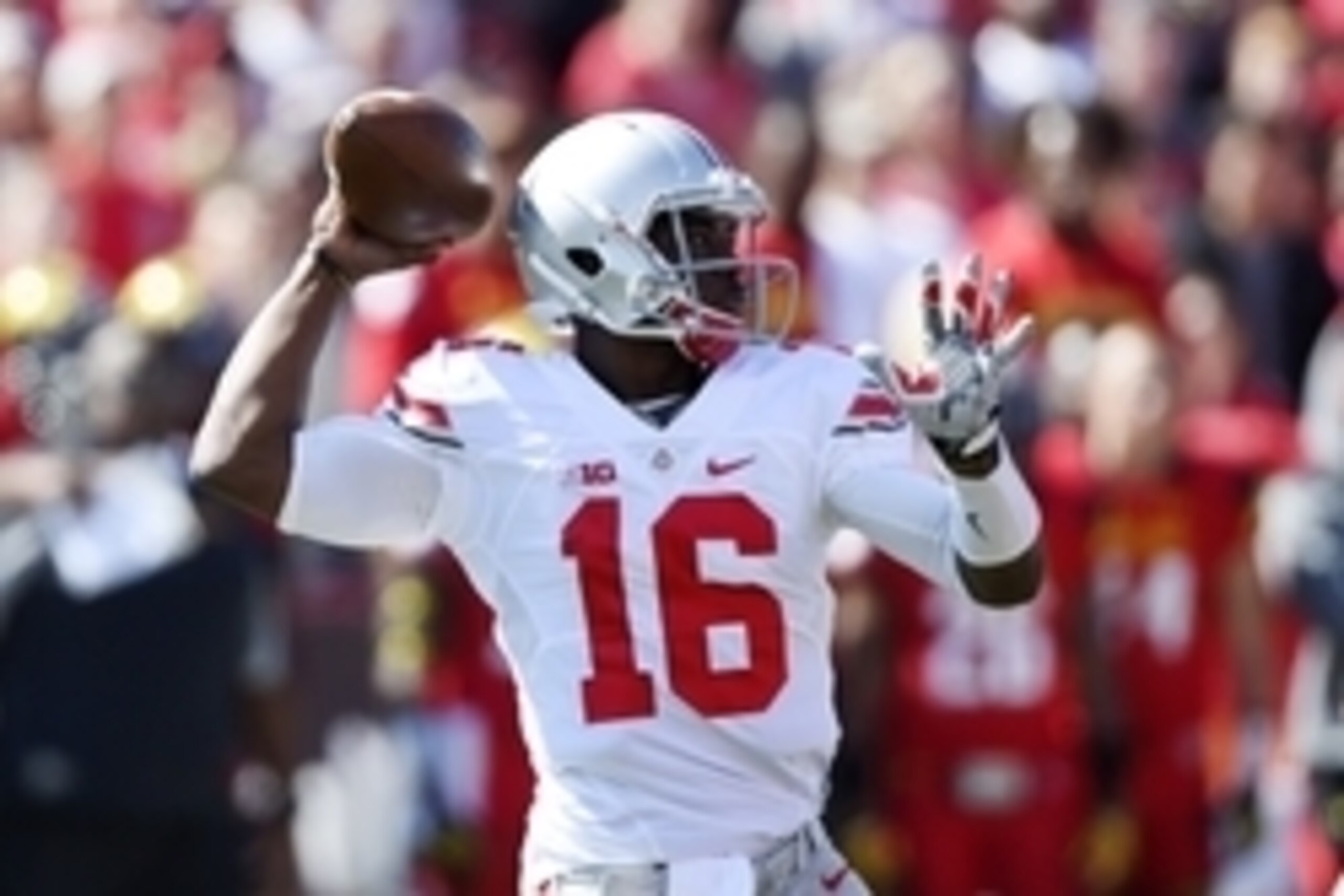 Oct 4, 2014; College Park, MD, USA; Ohio State Buckeyes quarterback J.T. Barrett (16) throws during the first quarter against the Maryland Terrapins  at Byrd Stadium. Mandatory Credit: Tommy Gilligan-USA TODAY Sports