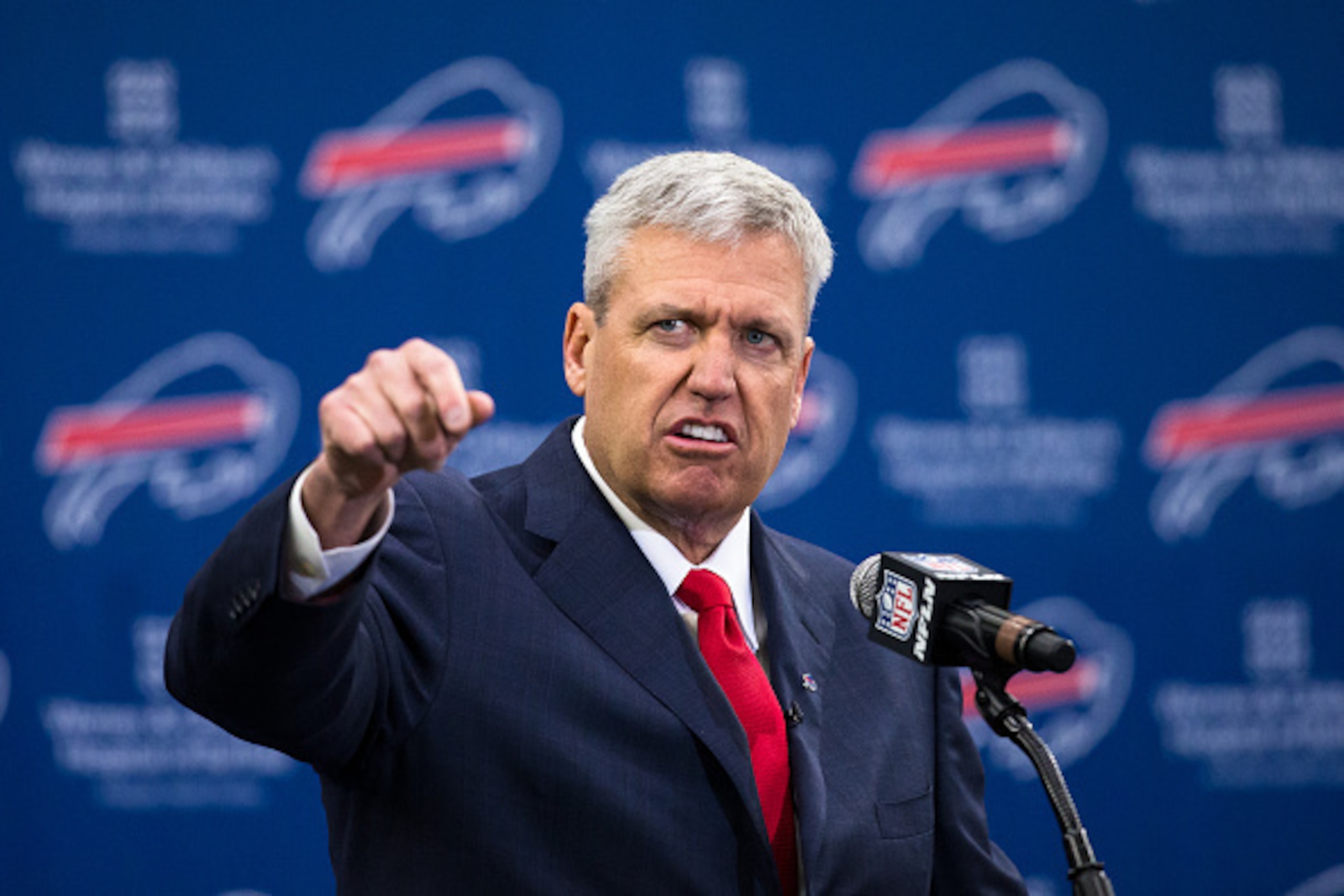 ORCHARD PARK, NY - JANUARY 14: Rex Ryan speaks at a press conference announcing his arrival as head coach of the Buffalo Bills on January 14, 2015 at Ralph Wilson Stadium in Orchard Park, New York. (Photo by Brett Carlsen/Getty Images)