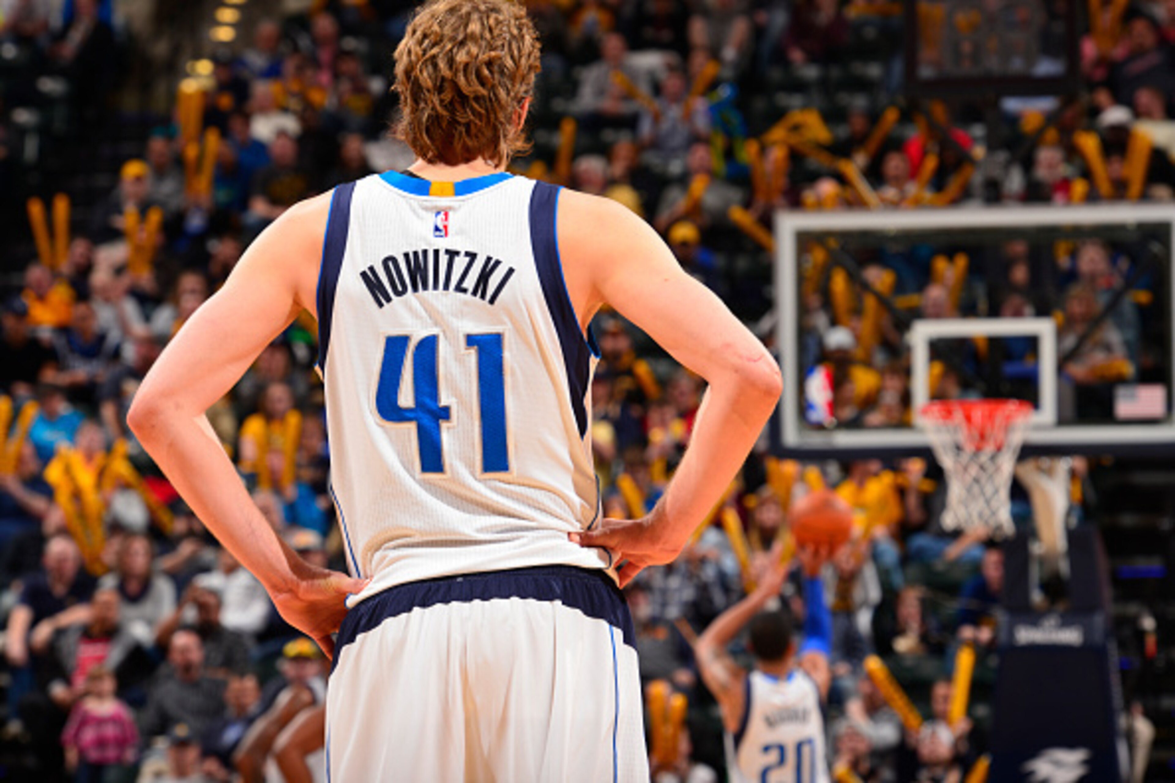 INDIANAPOLIS, IN - MARCH 29: Dirk Nowitzki #41 of the Dallas Mavericks looks on against the Indiana Pacers on March 29, 2015 at Bankers Life Fieldhouse in Indianapolis, Indiana. NOTE TO USER: User expressly acknowledges and agrees that, by downloading and