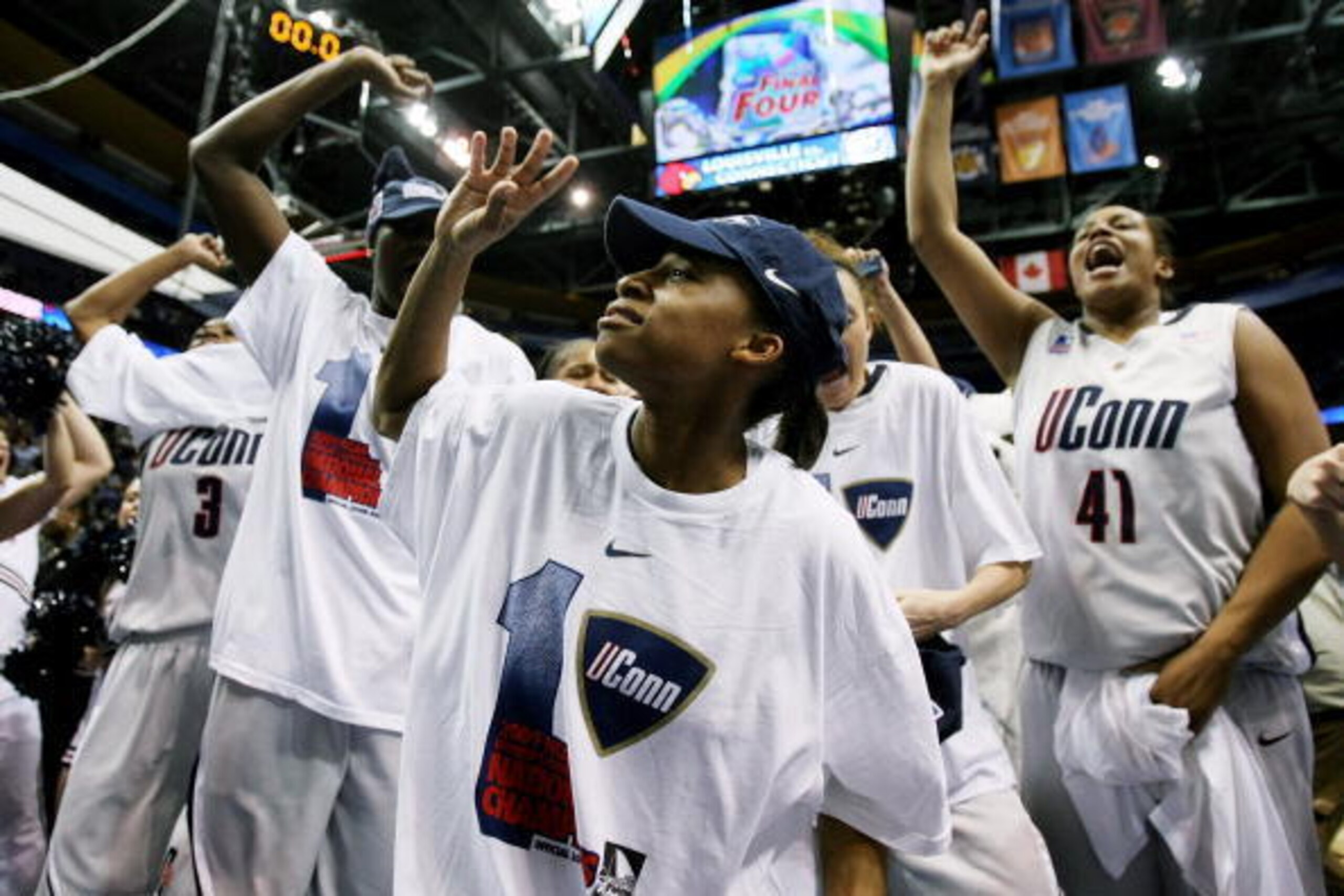 ST. LOUIS - APRIL 07:  The Connecticut Huskies celebrate the win during the NCAA Women's Final Four Championship game against the Louisville Cardinals at the Scottrade Center on April 7, 2009 in St. Louis, Missouri. The Connecticut Huskies defeated the Lo