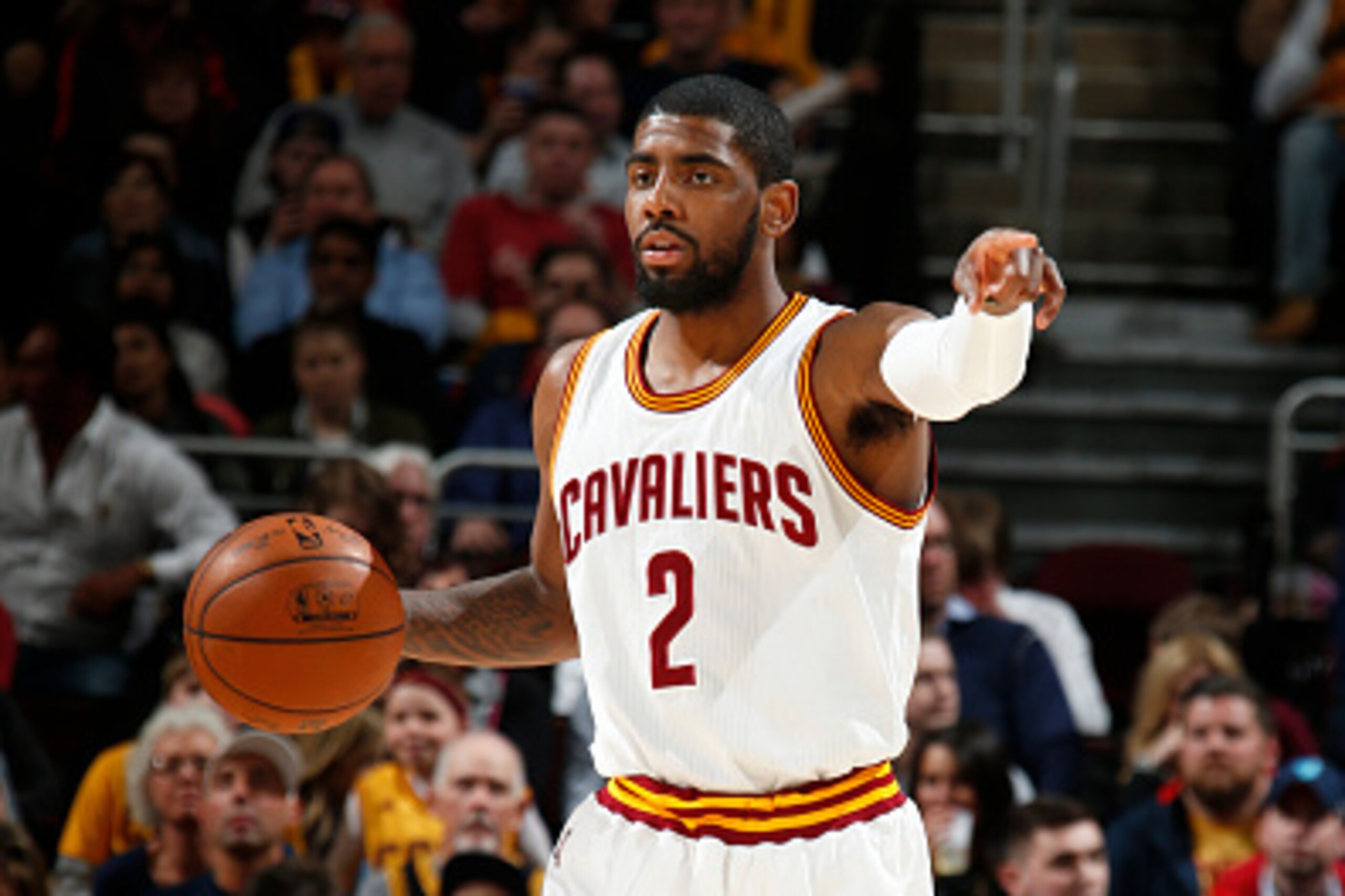 CLEVELAND, OH - MARCH 20: Kyrie Irving #2 of the Cleveland Cavaliers handles the ball against the Indiana Pacers at The Quicken Loans Arena on March 20, 2015 in Cleveland, Ohio. NOTE TO USER: User expressly acknowledges and agrees that, by downloading and