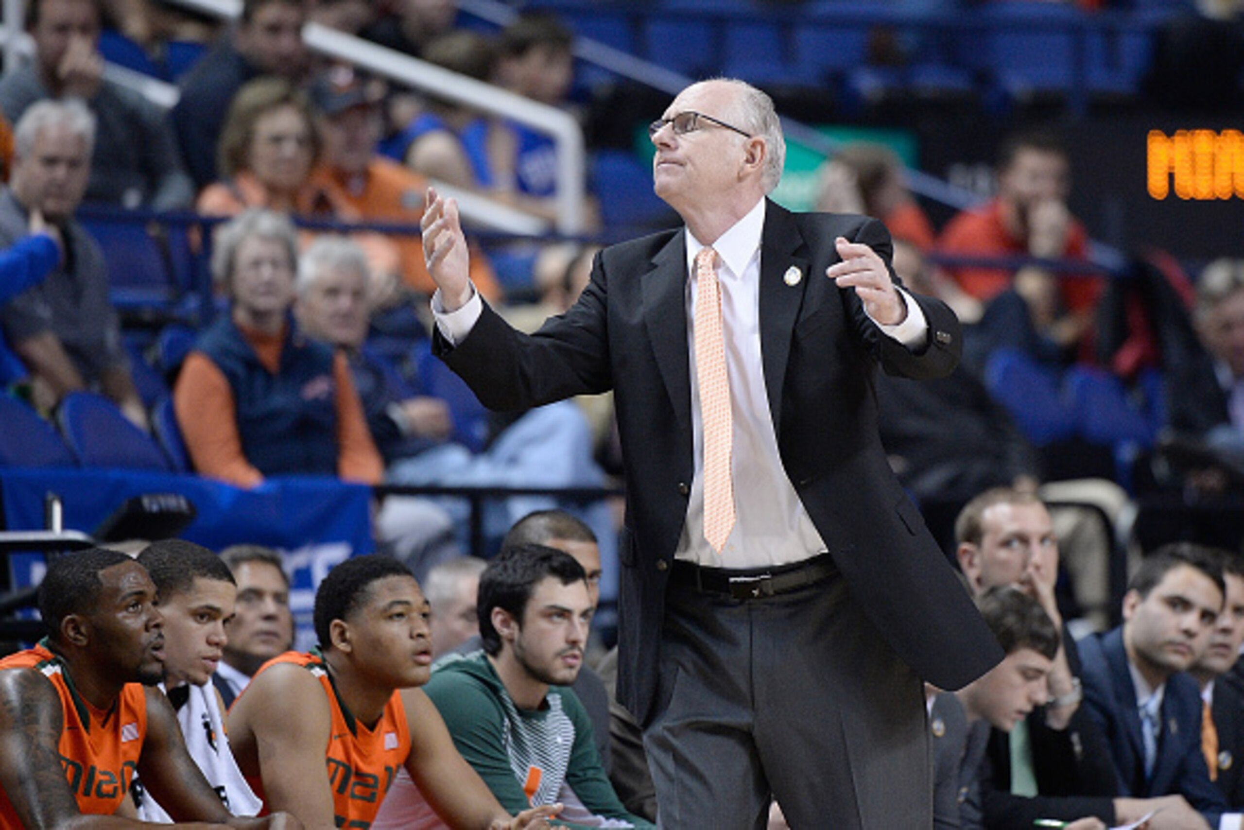 GREENSBORO, NC - MARCH 12:  Head coach Jim Larranaga of the Miami Hurricanes  reacts to a turnover by his team against the Notre Dame Fighting Irish during the quarterfinals of the ACC Basketball Tournament at Greensboro Coliseum on March 12, 2015 in Gree