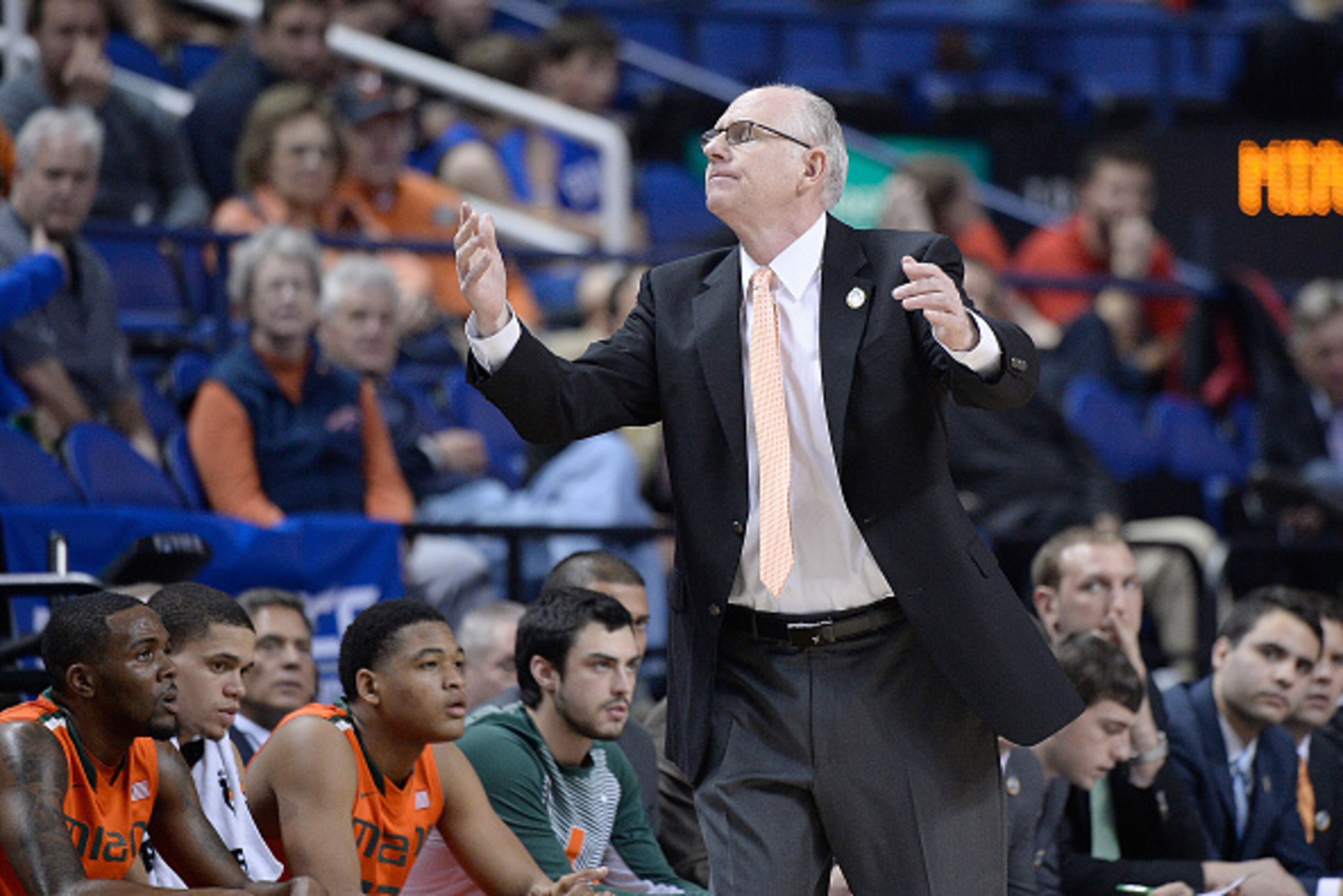 GREENSBORO, NC - MARCH 12:  Head coach Jim Larranaga of the Miami Hurricanes  reacts to a turnover by his team against the Notre Dame Fighting Irish during the quarterfinals of the ACC Basketball Tournament at Greensboro Coliseum on March 12, 2015 in Gree
