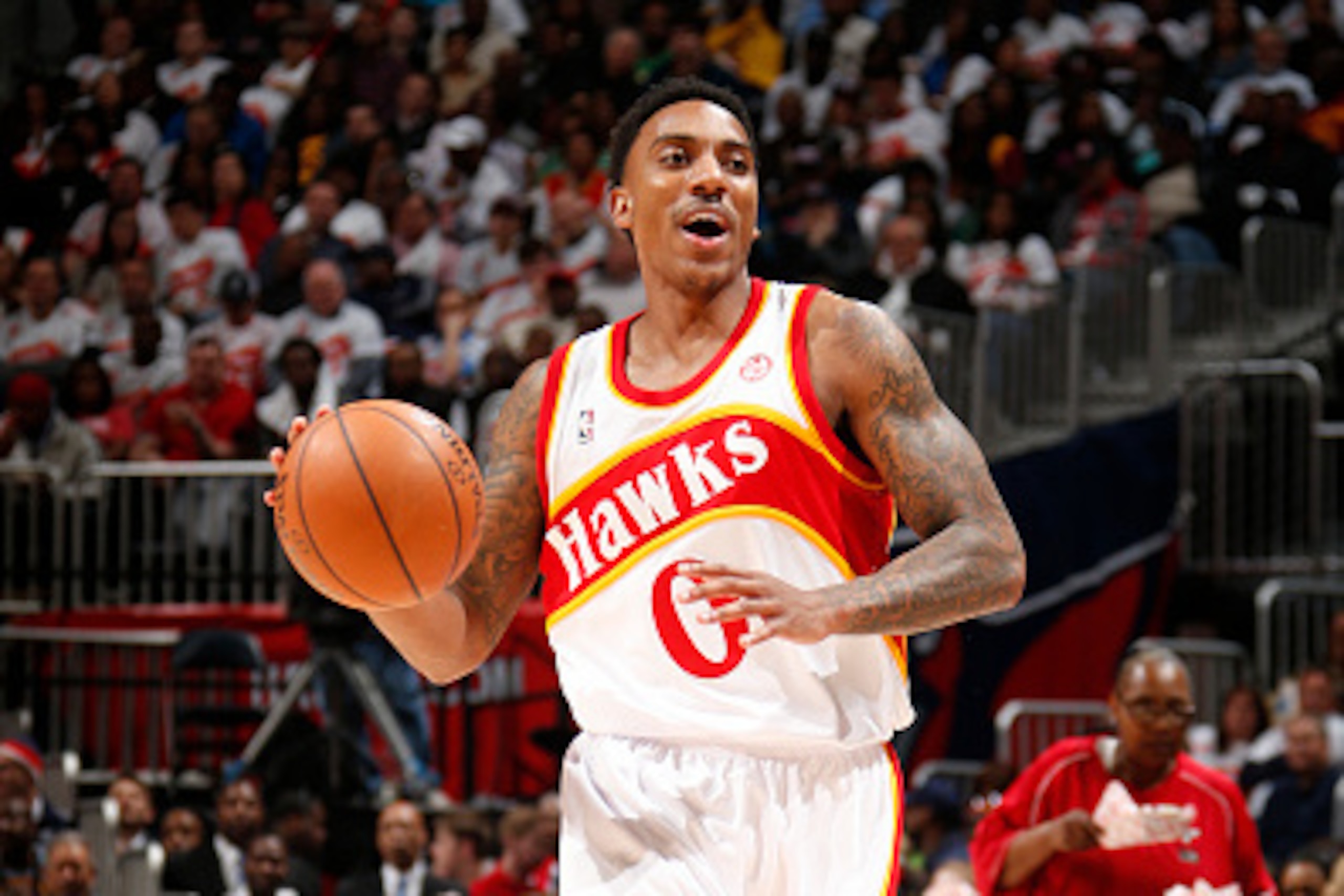 ATLANTA, GA - MARCH 6: Jeff Teague #0 of the Atlanta Hawks drives against the Cleveland Cavaliers on March 6, 2015 at Philips Arena in Atlanta, Georgia.  NOTE TO USER: User expressly acknowledges and agrees that, by downloading and/or using this Photograp